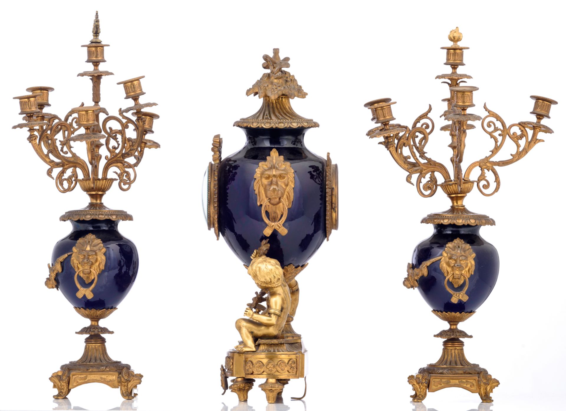 A three-piece 'blue royale' glazed stoneware garniture with gilt bronze mounts, consisting of a pair - Image 2 of 7