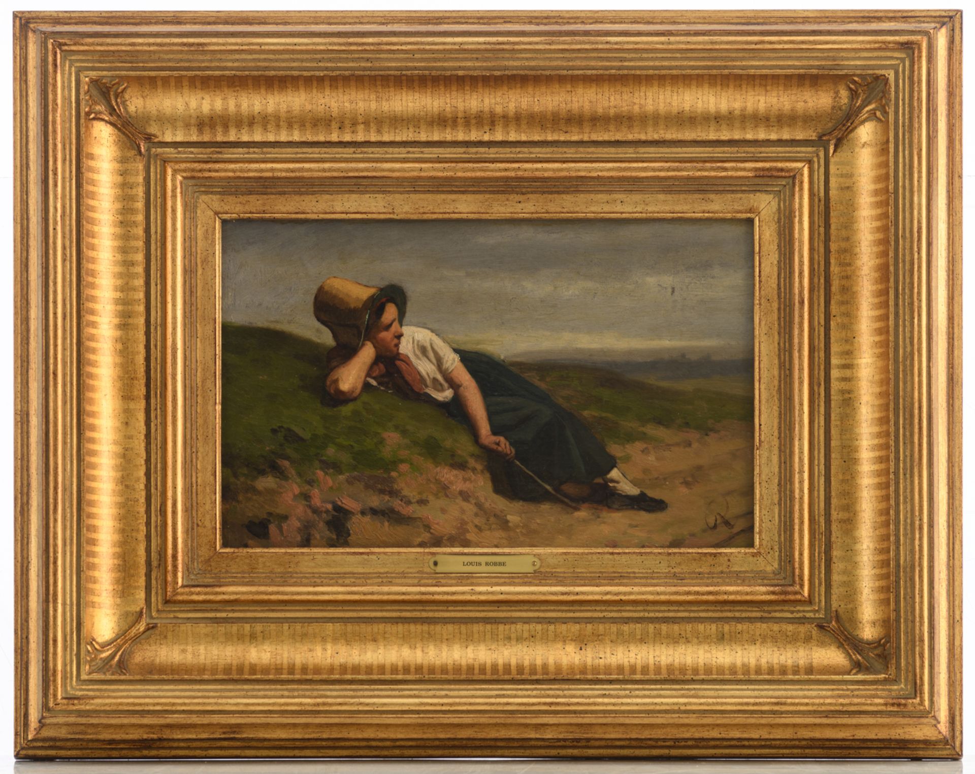 Robbe L., a resting shepherdess, oil on cardboard, 21 x 33 cm - Bild 2 aus 5
