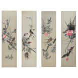 Four framed Chinese embroideries on silk, depicting birds on flower branches, 36 x 131 cm