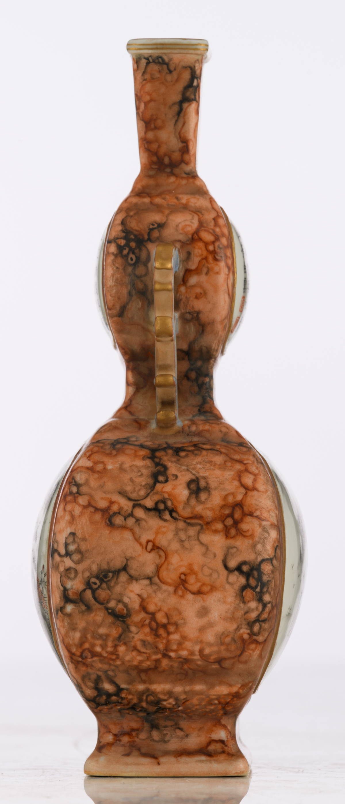 A Chinese Republic period orange-glazed quadrangular double-gourd vase, the roundels decorated - Image 4 of 7