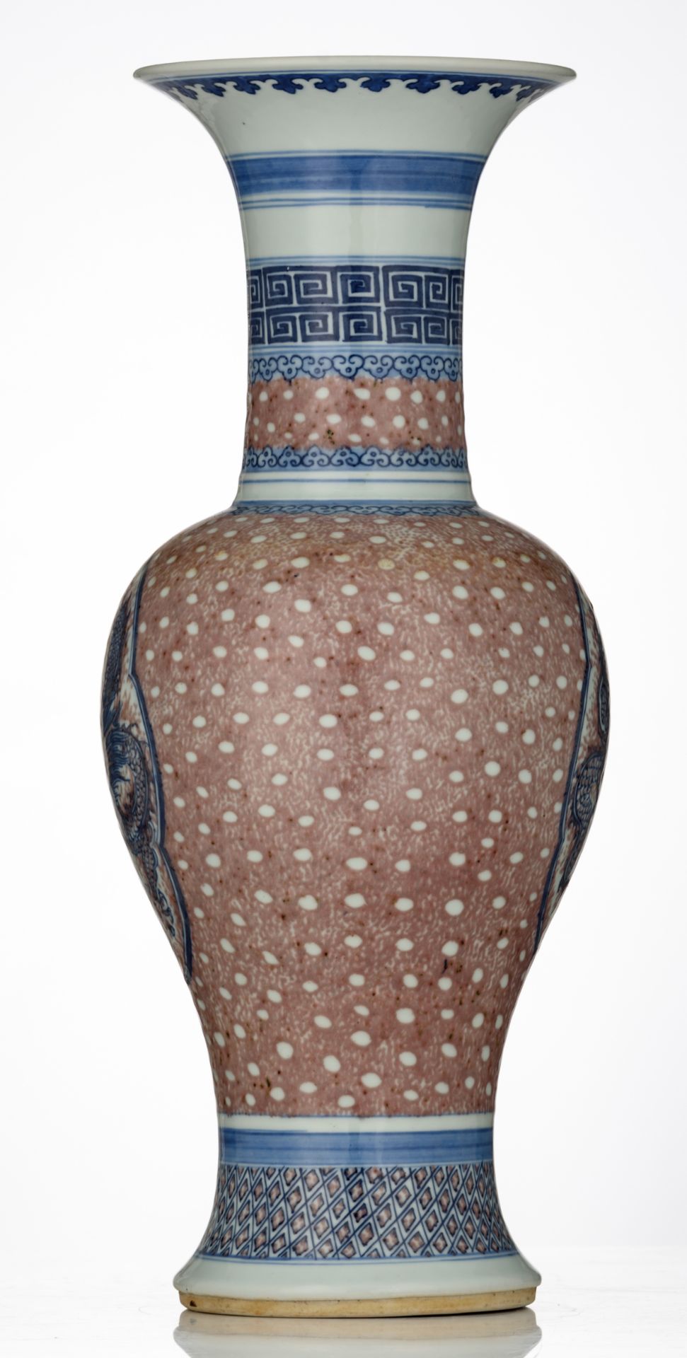 A Chinese underglaze blue and copper red baluster shaped vase, the roundel decorated with a - Image 2 of 6