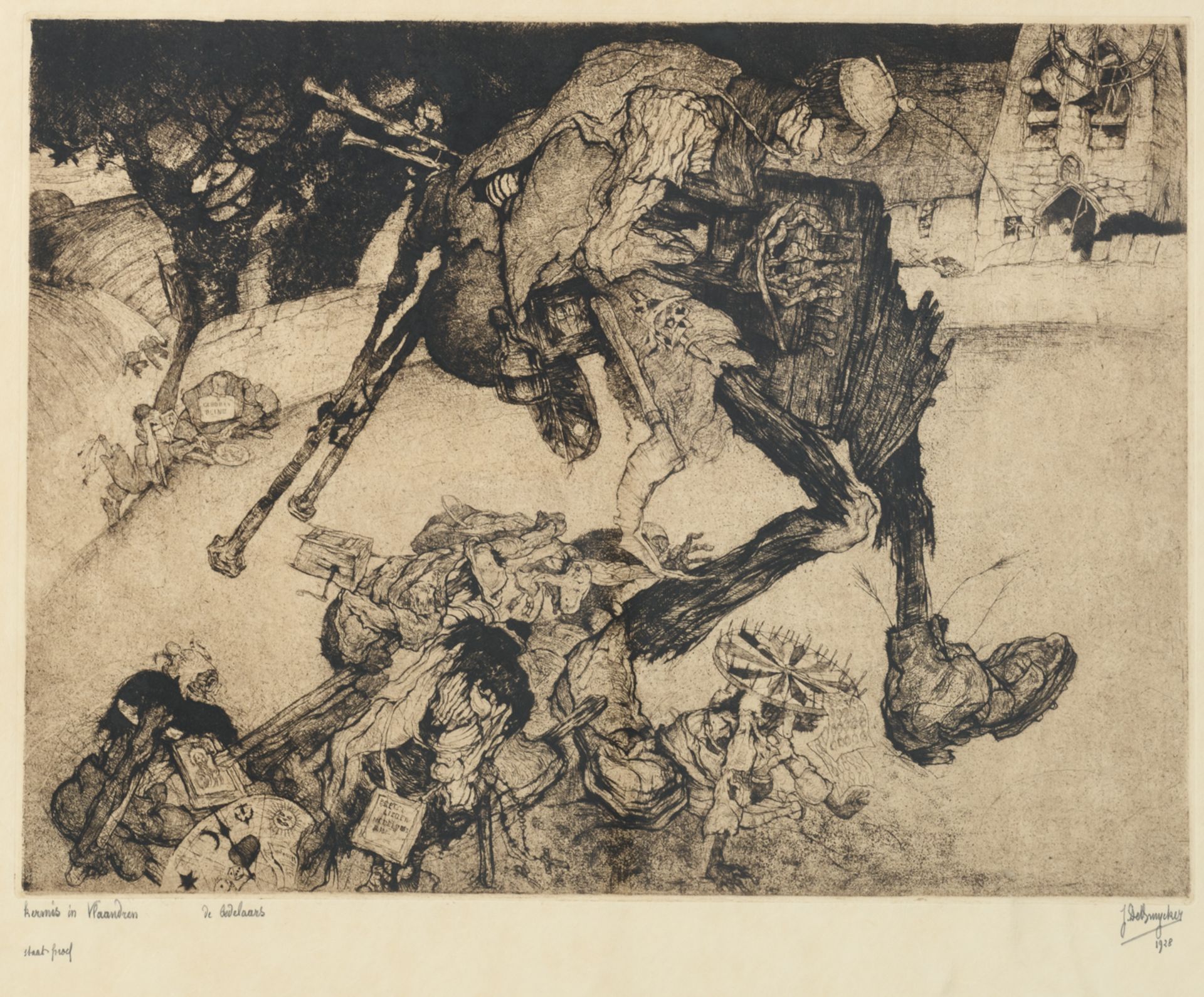 De Bruycker J., 'Kermis in Vlaanderen, de bedelaars', dated 1928, state (N°?), etching, 34,8 x 46