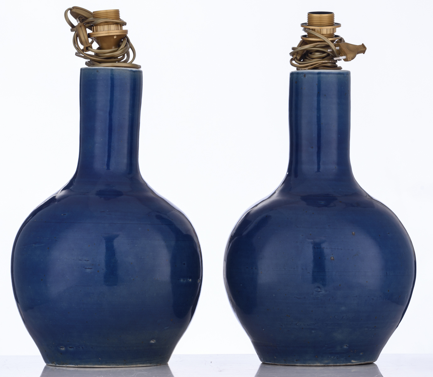 Two Chinese lavender blue glazed bottle vases, early 20thC, mounted as a lamp, H 41,5 cm - Image 5 of 7