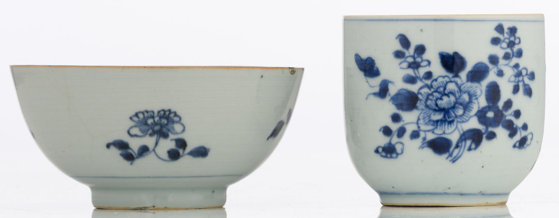 Nine Chinese underglaze-blue decorated café-au-lait glazed dishes with various flower designs; - Image 2 of 15