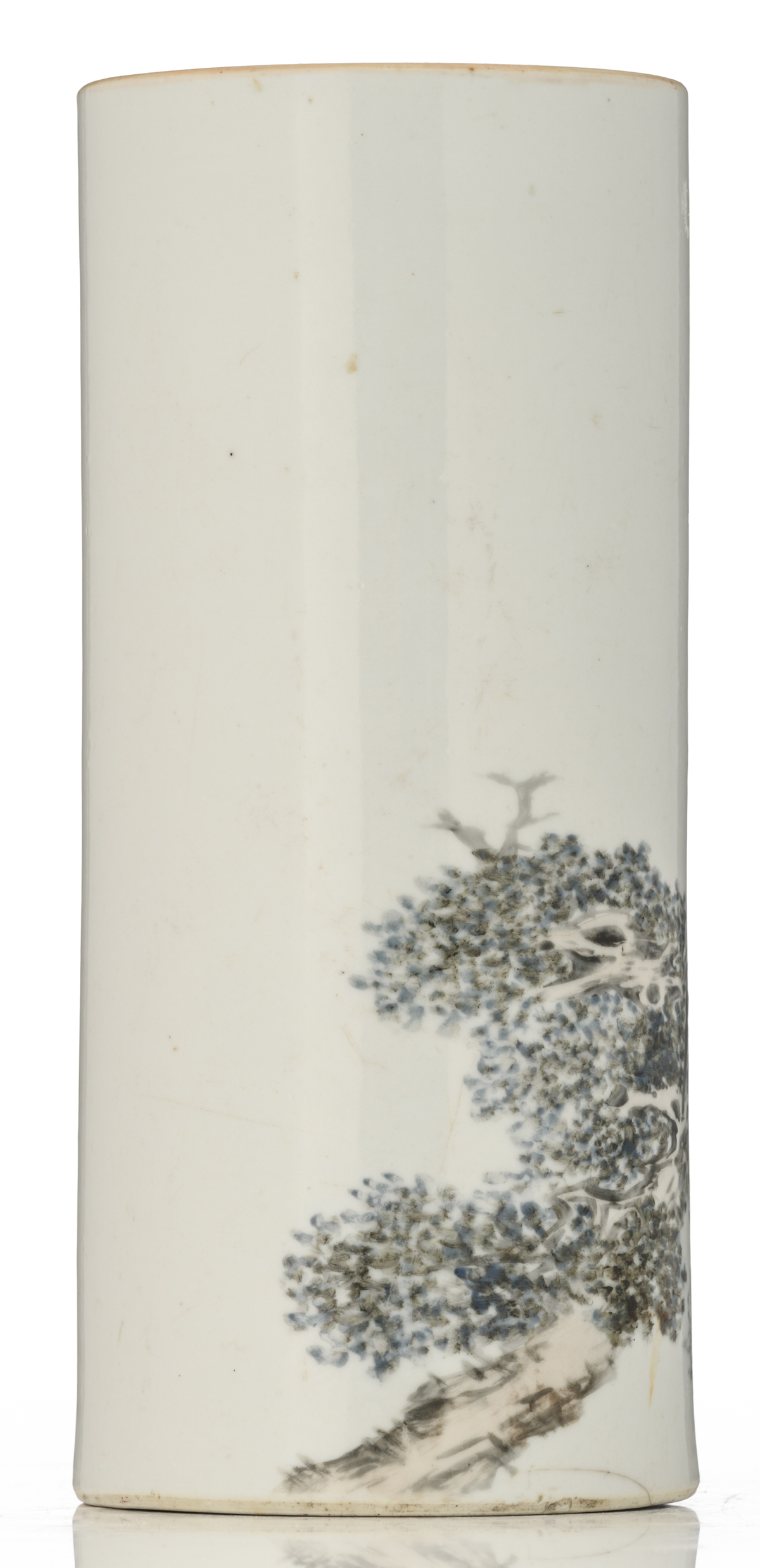 A Chinese Republic period cylindrical vase, polychrome decorated with a bird on a tree branch, - Image 4 of 6