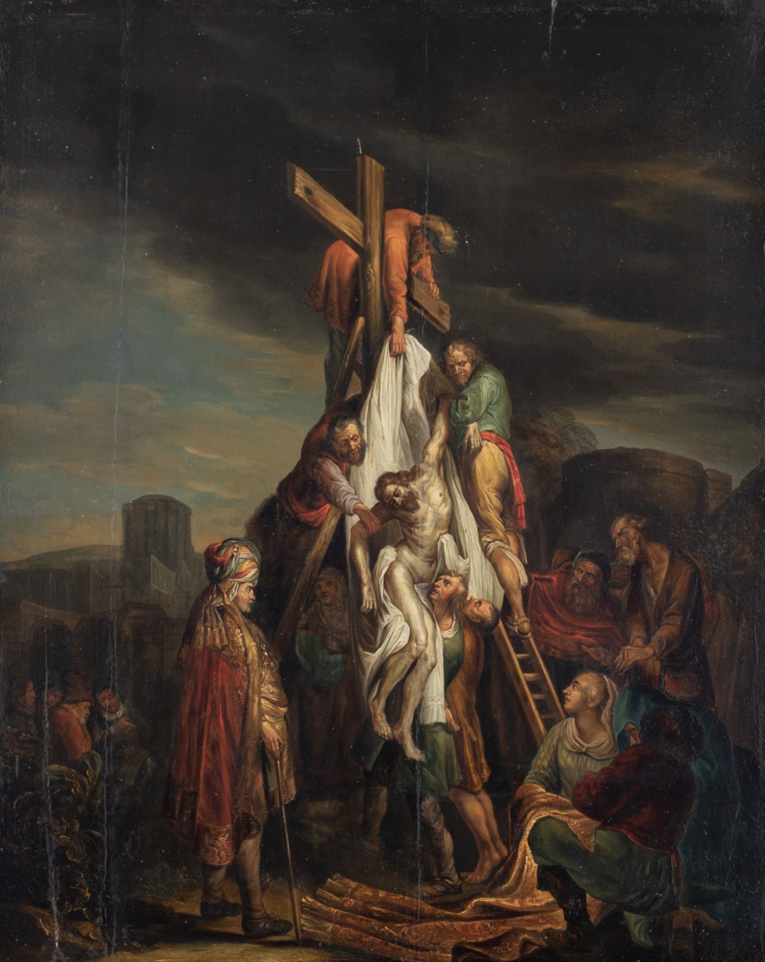 No visible signature, the descent from the cross, a copy after Rembrandt Van Rijn, oil on a