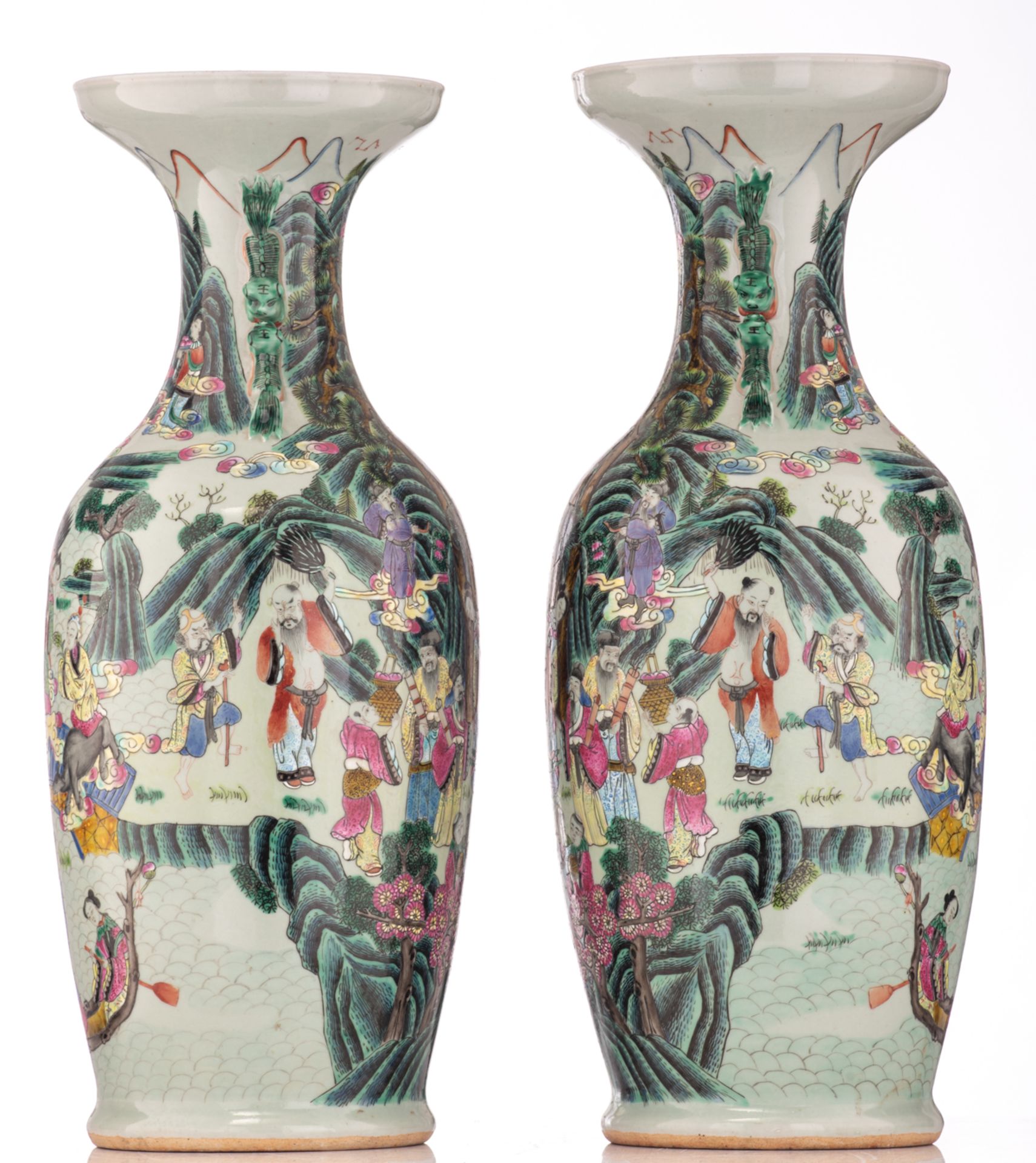 A pair of Chinese celadon ground vases, famille rose decorated with Immortals, gathering in a - Image 2 of 6