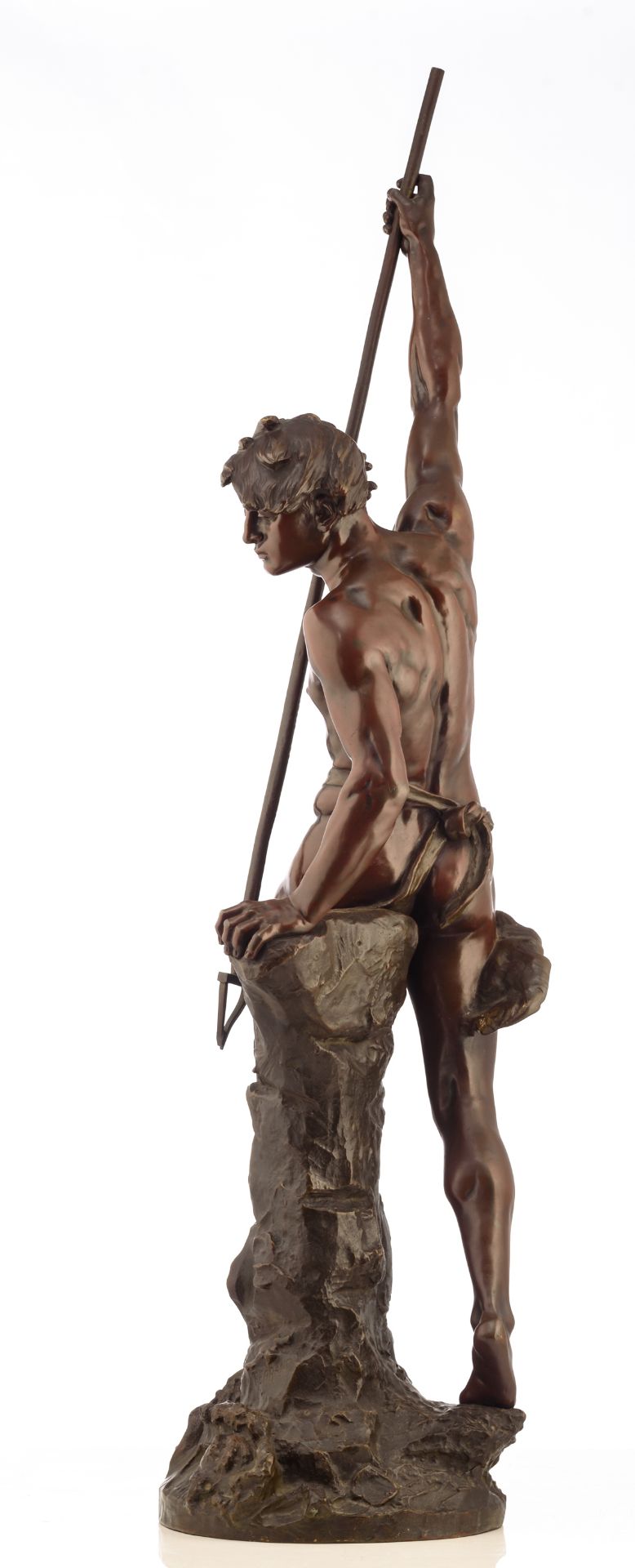 Ferrand E.J., a fisherman with his harpoon, patinated bronze, H 116 cm - Image 2 of 6