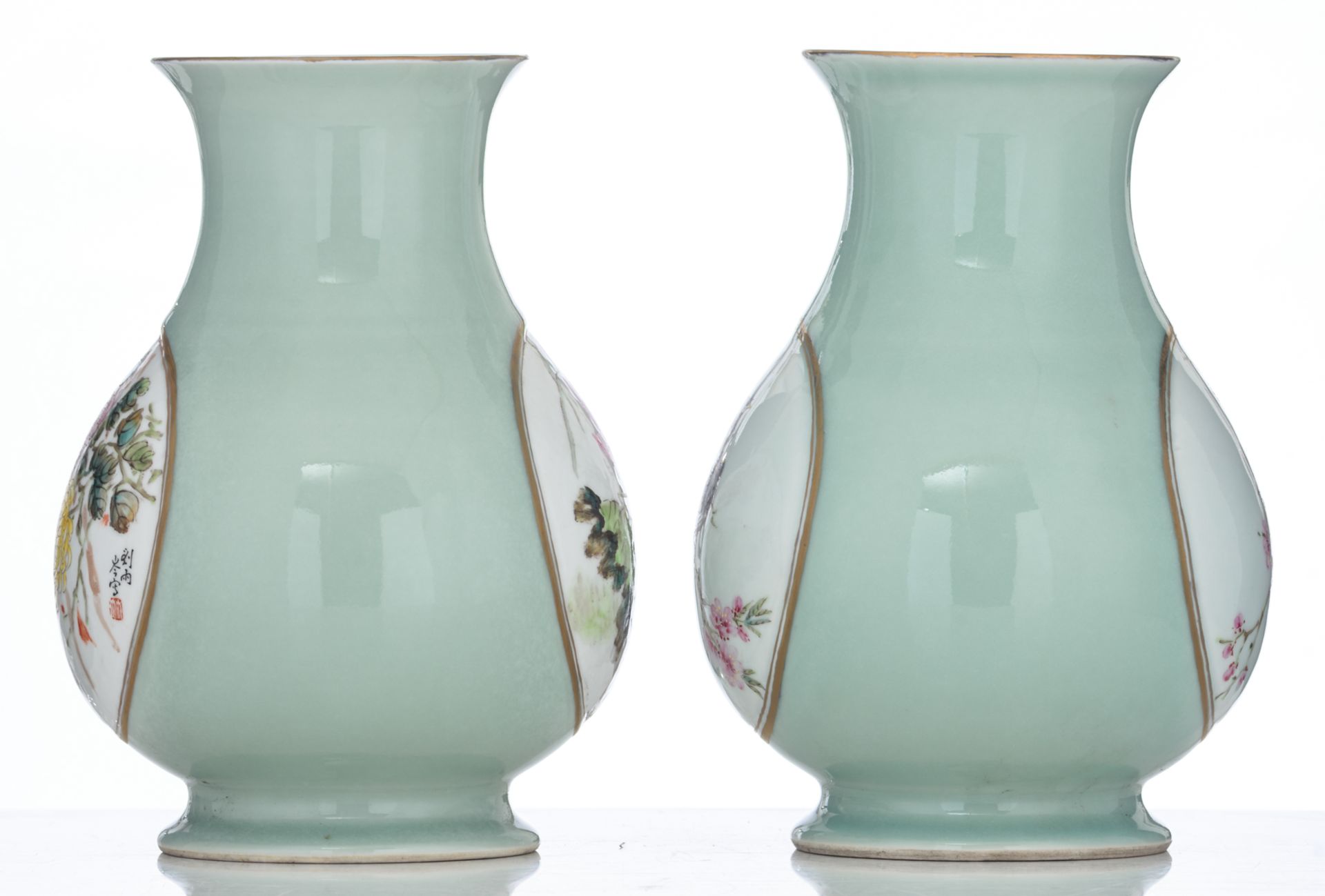 Two Chinese celadon-glazed hu vases, the roundels decorated with birds on flower branches, depicting - Image 3 of 9