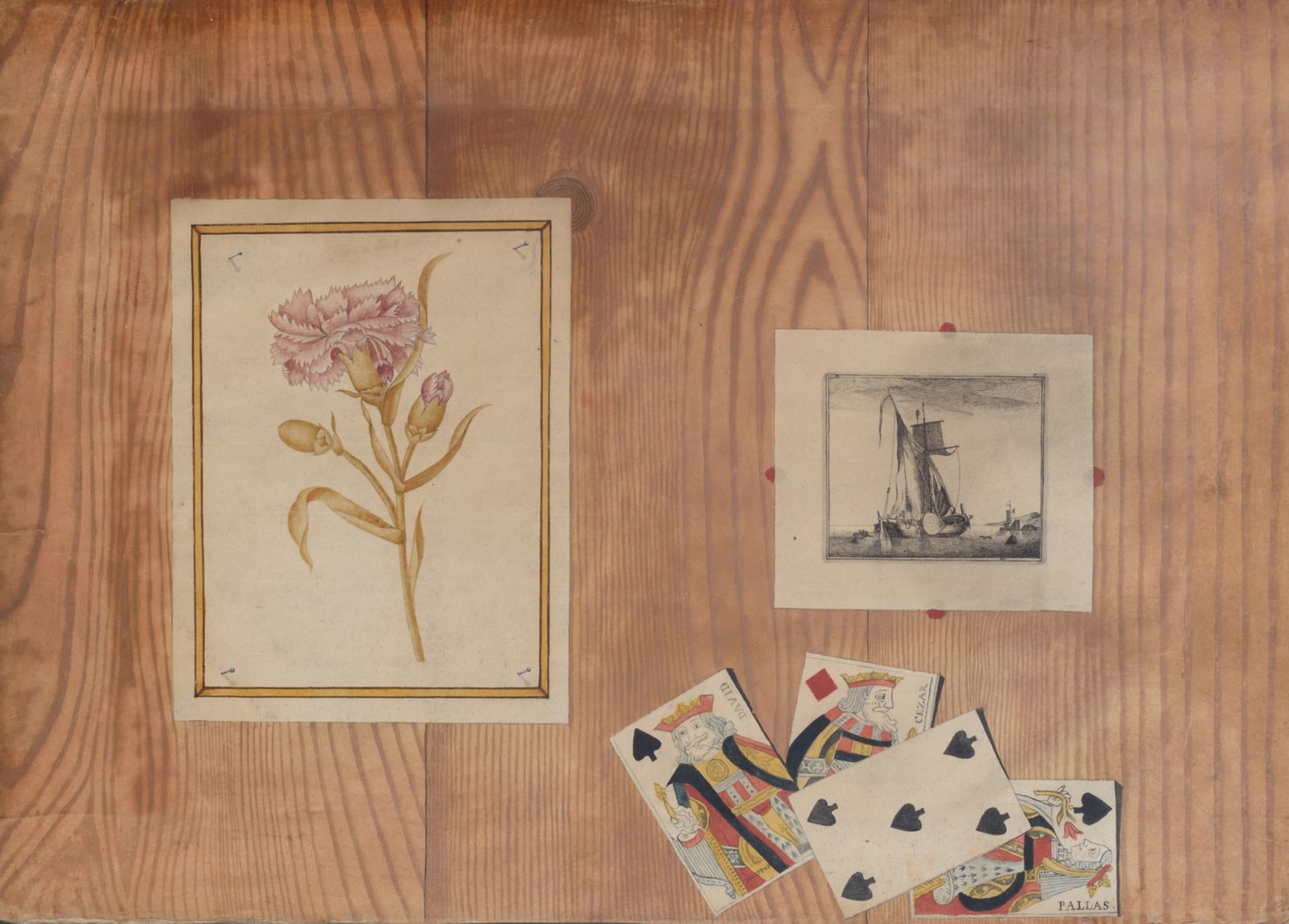 An 18thC trompe l'oeil depicting playing cards, a print of a carnation and an etching of a fishing