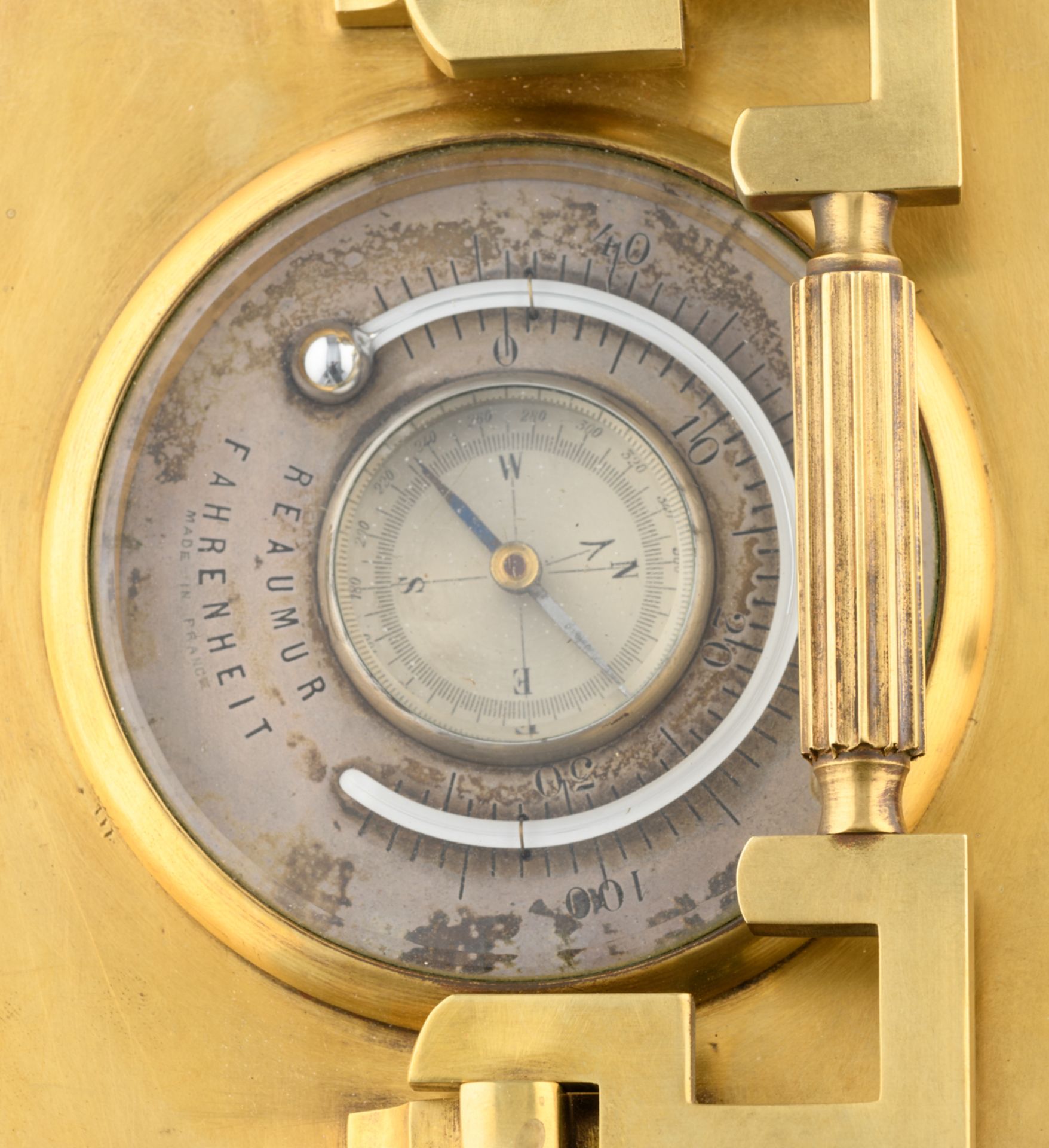 A French early 20thC brass table clock also set with a Fahrenheit & Réaumur thermometer and a - Image 8 of 9