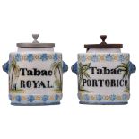 A pair of Delft polychrome tobacco jars and covers, with the inscription 'Tabac Portorico' and '