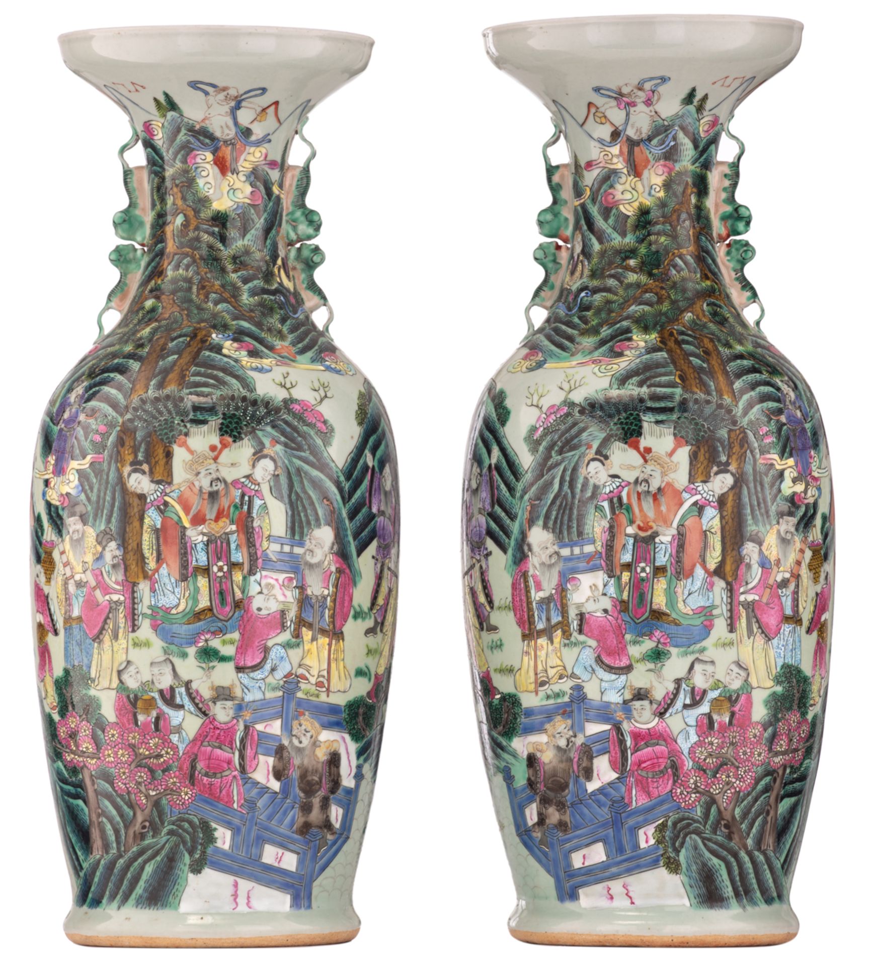 A pair of Chinese celadon ground vases, famille rose decorated with Immortals, gathering in a