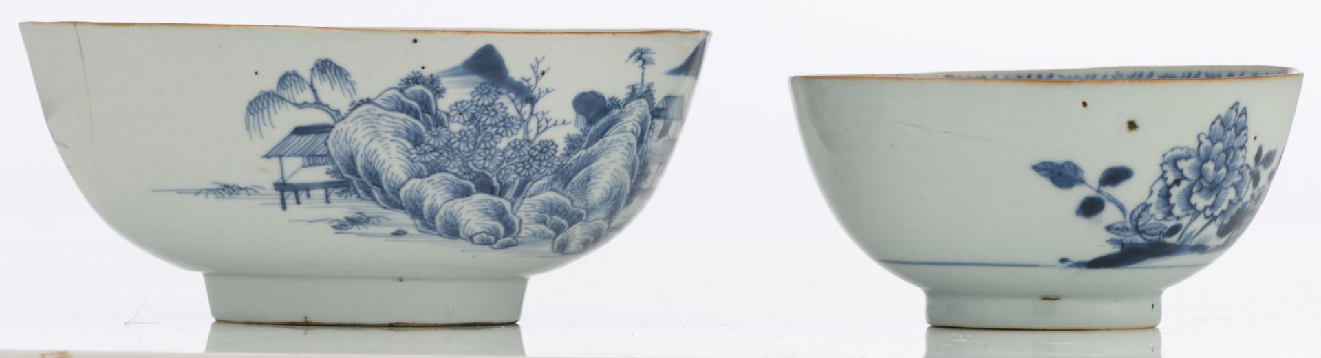 Nine Chinese underglaze-blue decorated café-au-lait glazed dishes with various flower designs; - Image 9 of 15