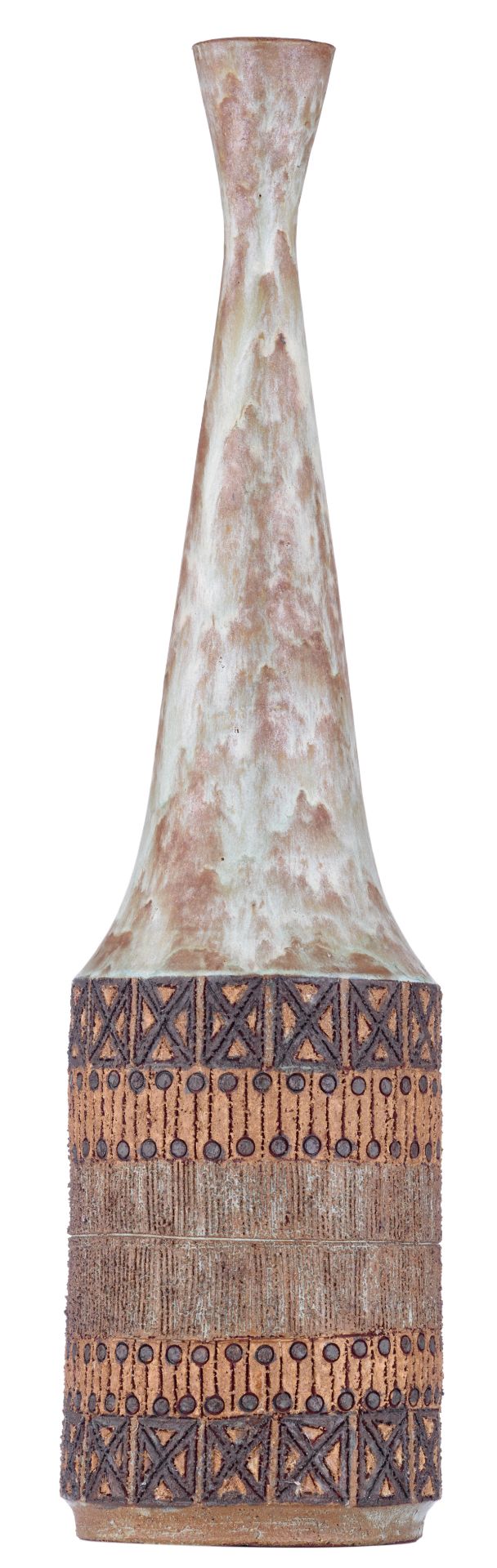 A 1960s type earthenware vase in the Bruges Amphora manner, with a glazed and structured surface,