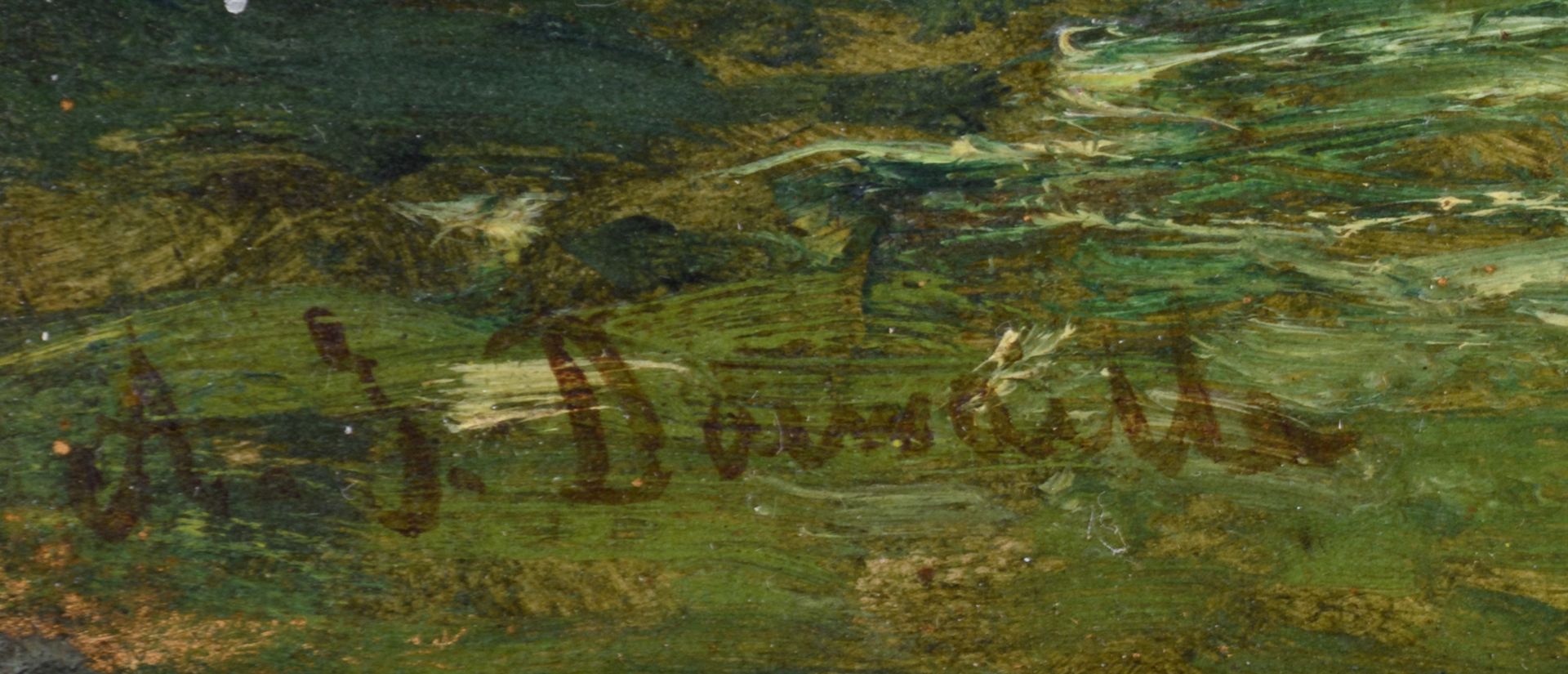 Daiwaille A.J., a shepherd with his herd in the forest, oil on canvas, 31,5 x 42,5 cm - Bild 4 aus 4