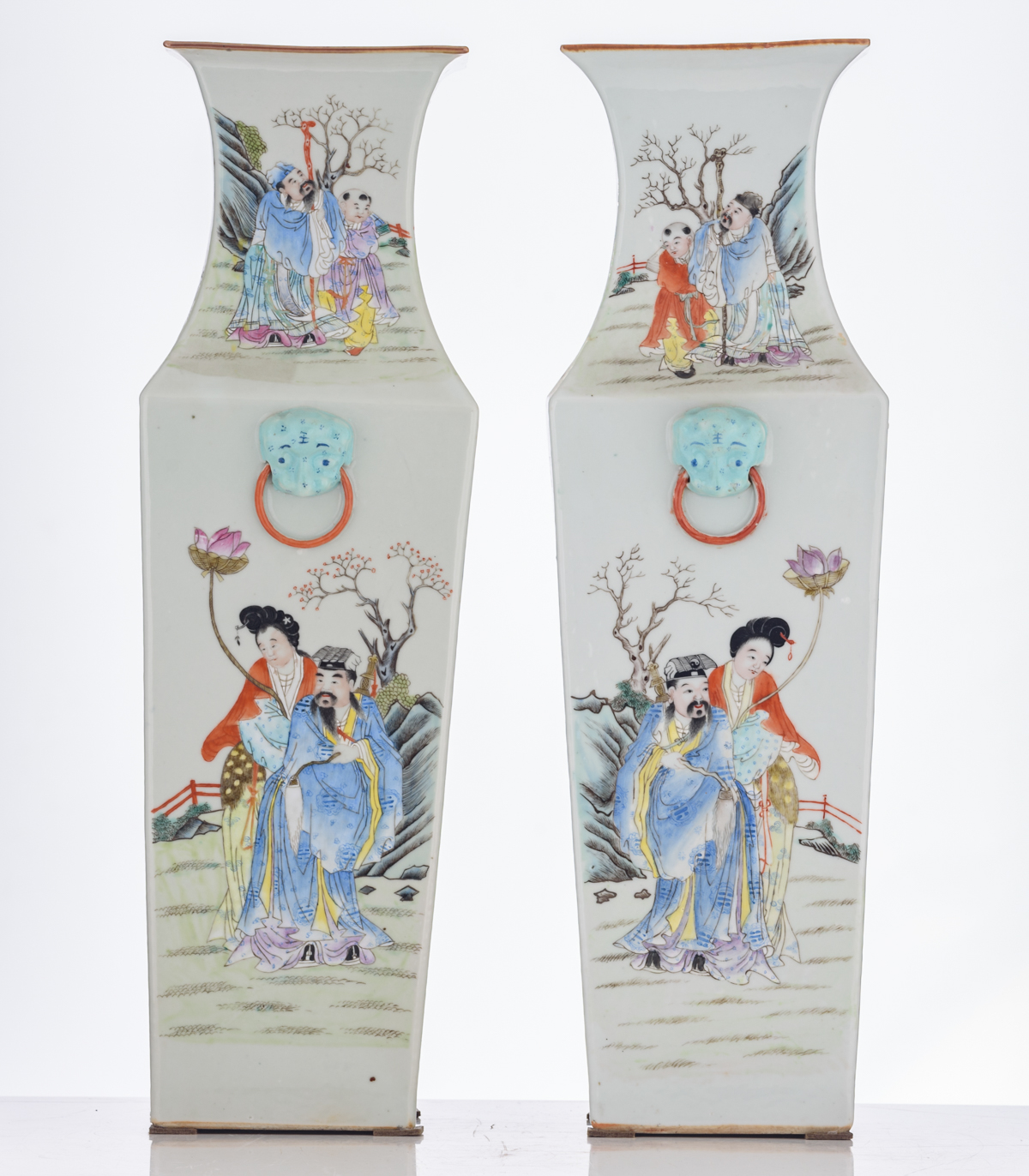 A pair of Chinese famille rose quadrangular vases, decorated with Immortals in a landscape, H 58,5 - Image 4 of 8