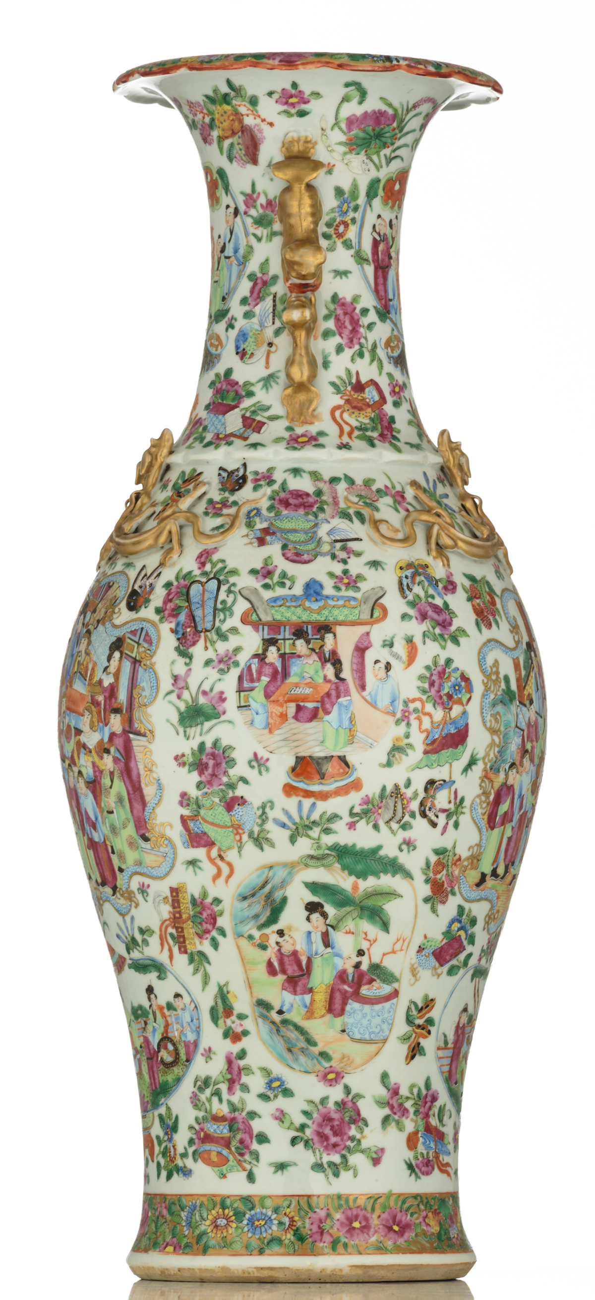 A Chinese Canton famille rose vase, decorated with various fruits, Buddhist symbols, flowers and - Image 4 of 6