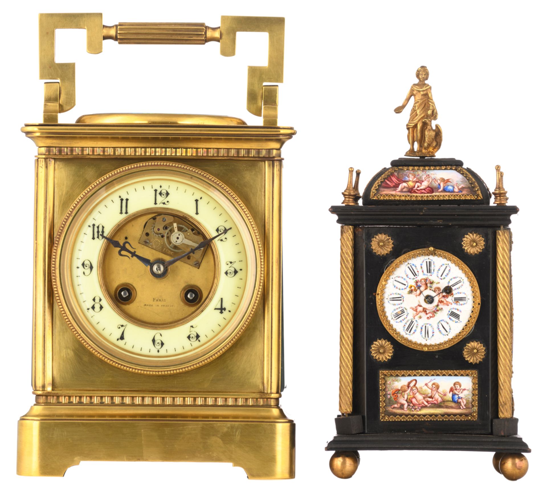 A French early 20thC brass table clock also set with a Fahrenheit & Réaumur thermometer and a