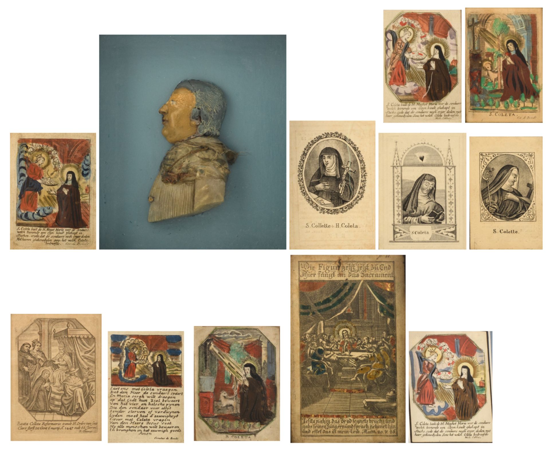 Nine 17th - 19thC hand-coloured devotional engravings all regarding the devotion to Saint Coleta,