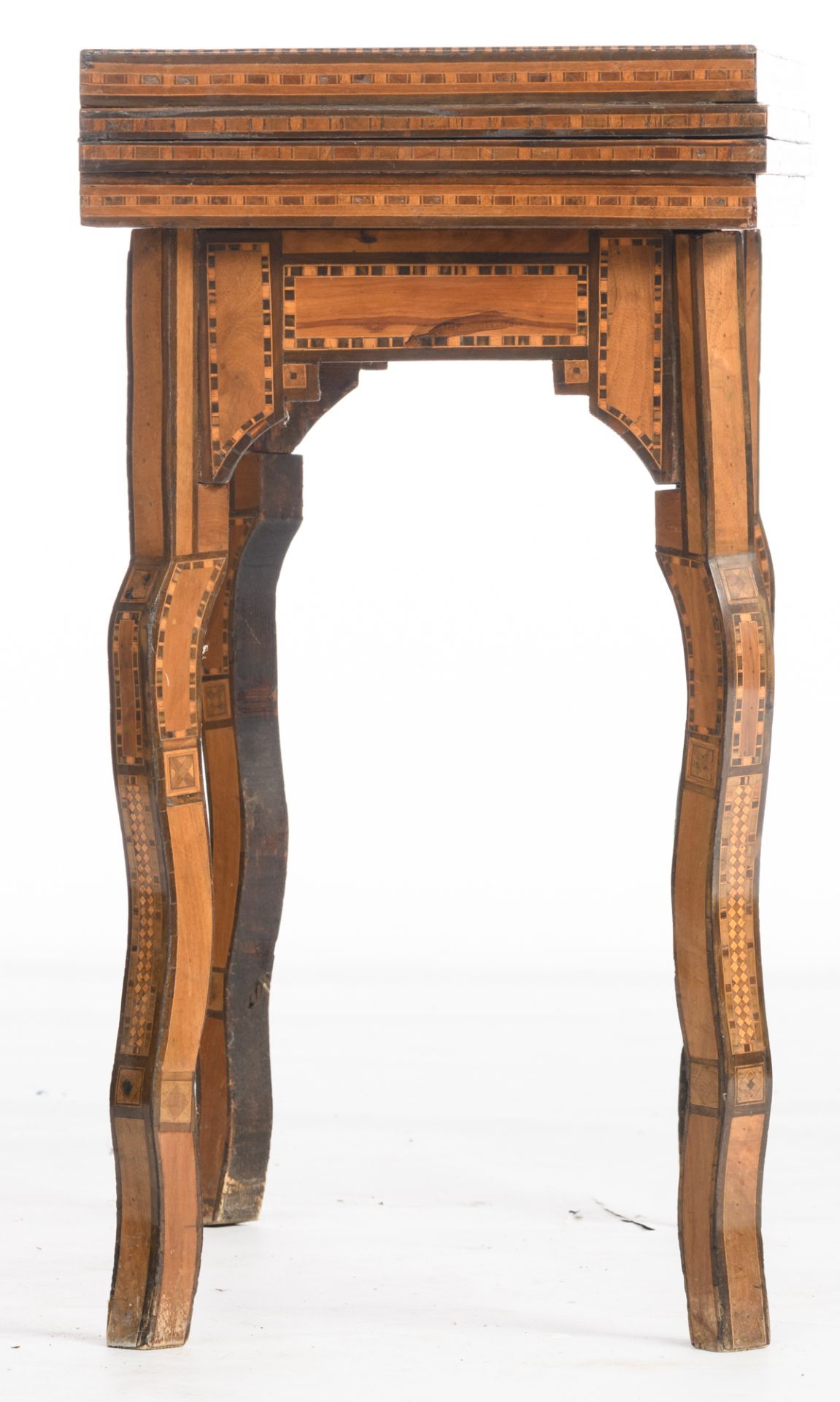 A Moorish inspired card table, inlaid with various wood types and mother of pearl, the folding top - Image 5 of 9