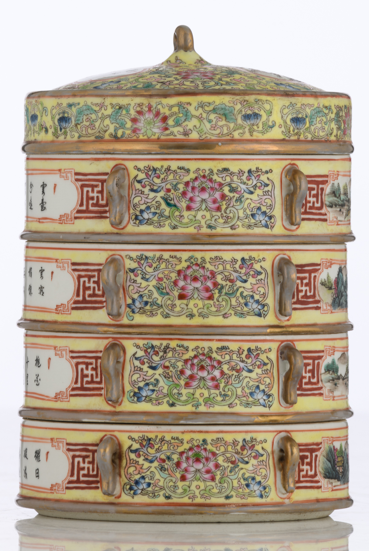 A Chinese yellow ground with famille rose lotus scrolls decorated four-tiered porcelain food - Image 4 of 7