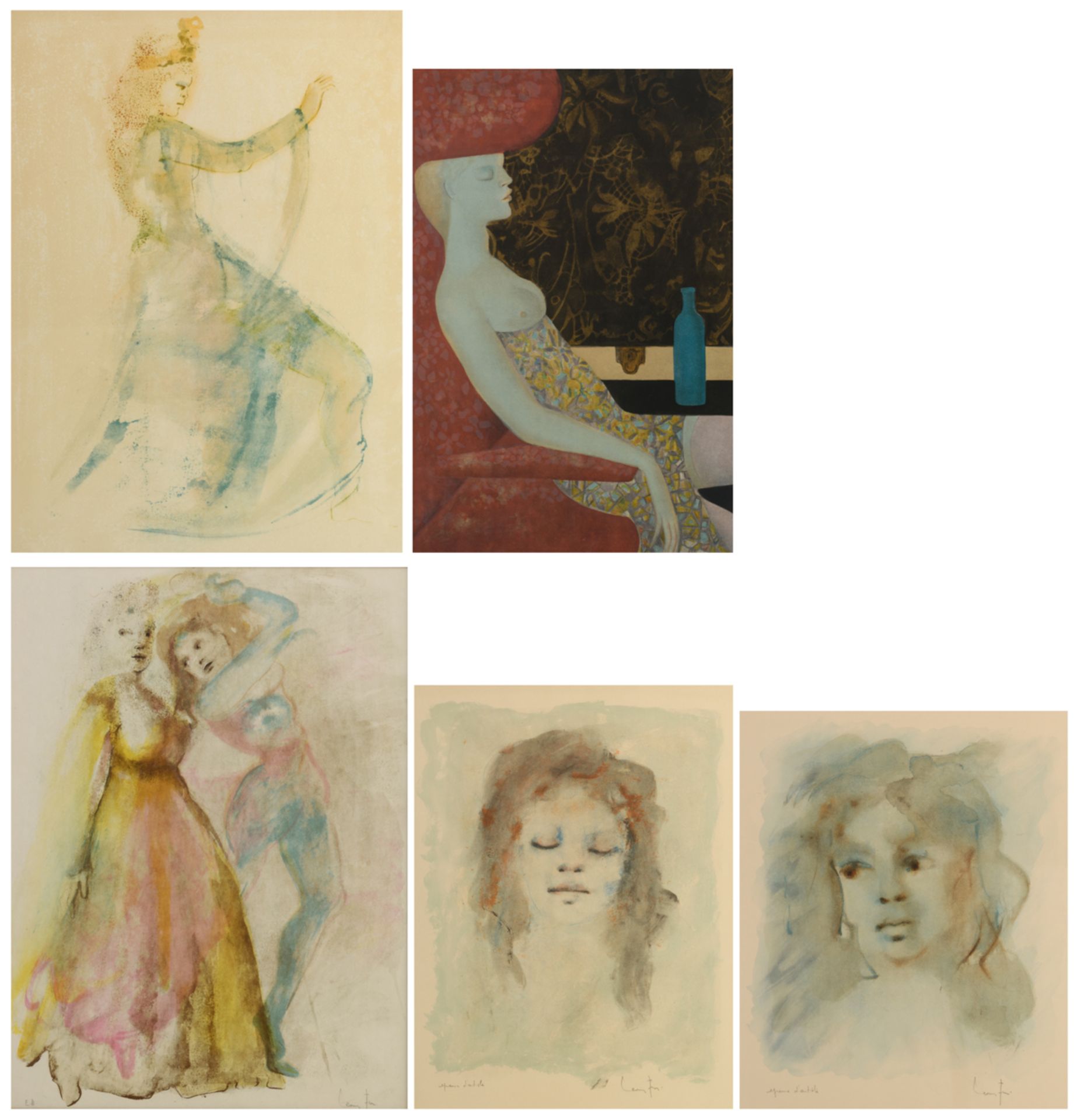 Five lithographs by Leonor Fini, E.A., 47 x 64 - 53 x 72 cm Is possibly subject of the SABAM