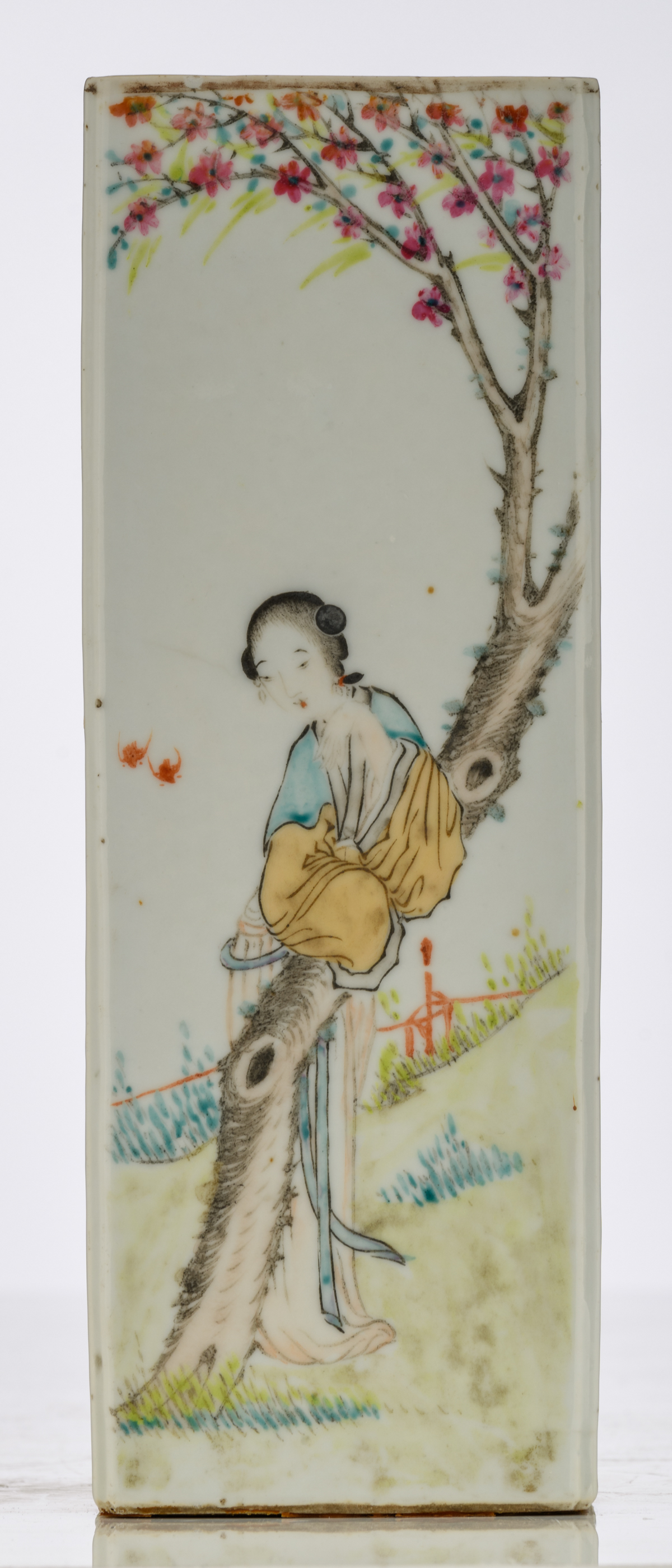 A Chinese polychrome quadrangular vase, decorated with a beauty in a garden, a mountainous landscape - Image 2 of 7