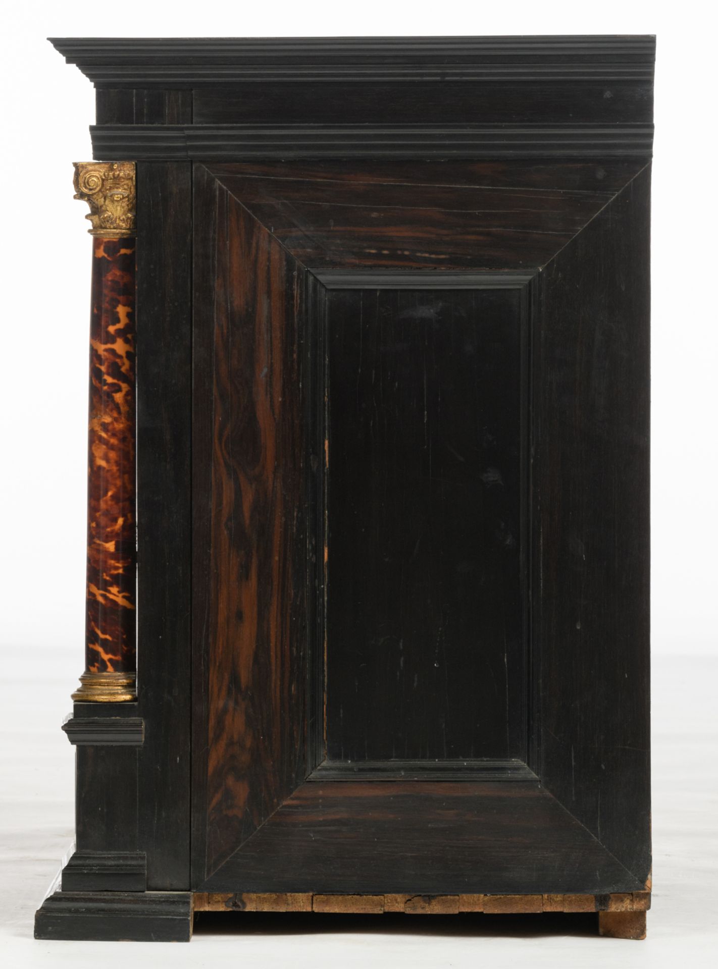 An ebonized wood, ormolu-mounted, tortoiseshell, and rosewood veneered architectural-looking - Image 3 of 8