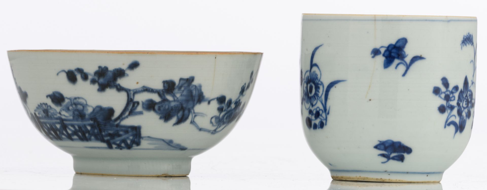 Nine Chinese underglaze-blue decorated café-au-lait glazed dishes with various flower designs; - Image 4 of 15