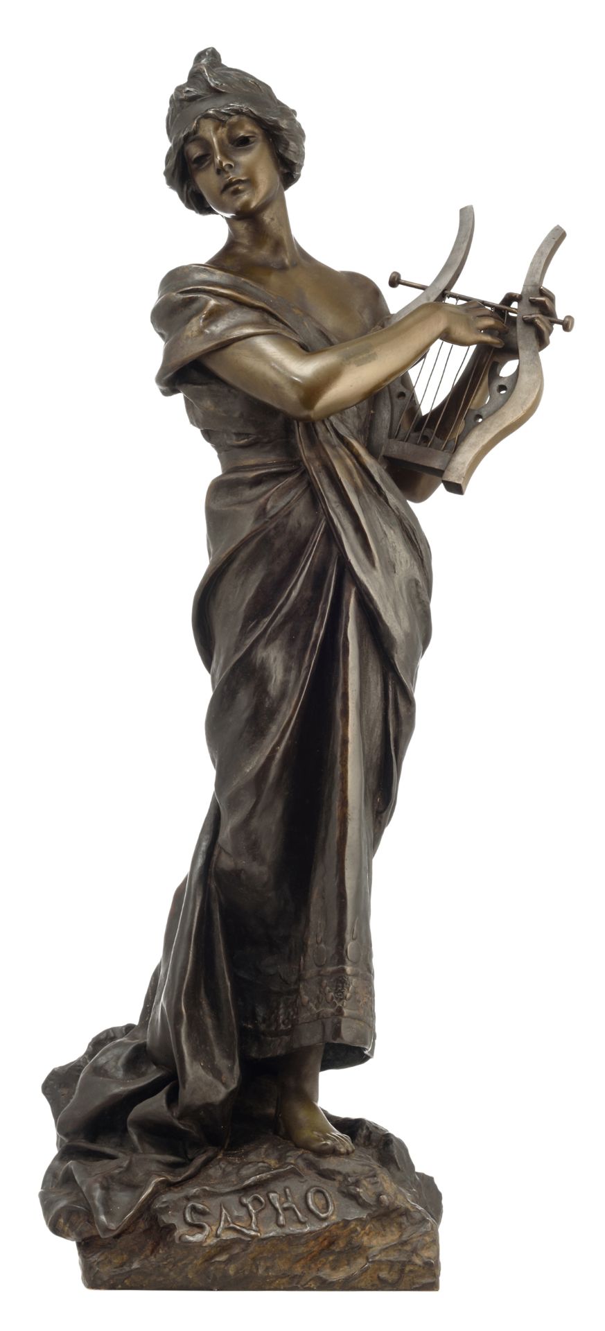 Villanis E., 'Sapho', green and brown patinated bronze, with a casting mark by 'Société des bronzes