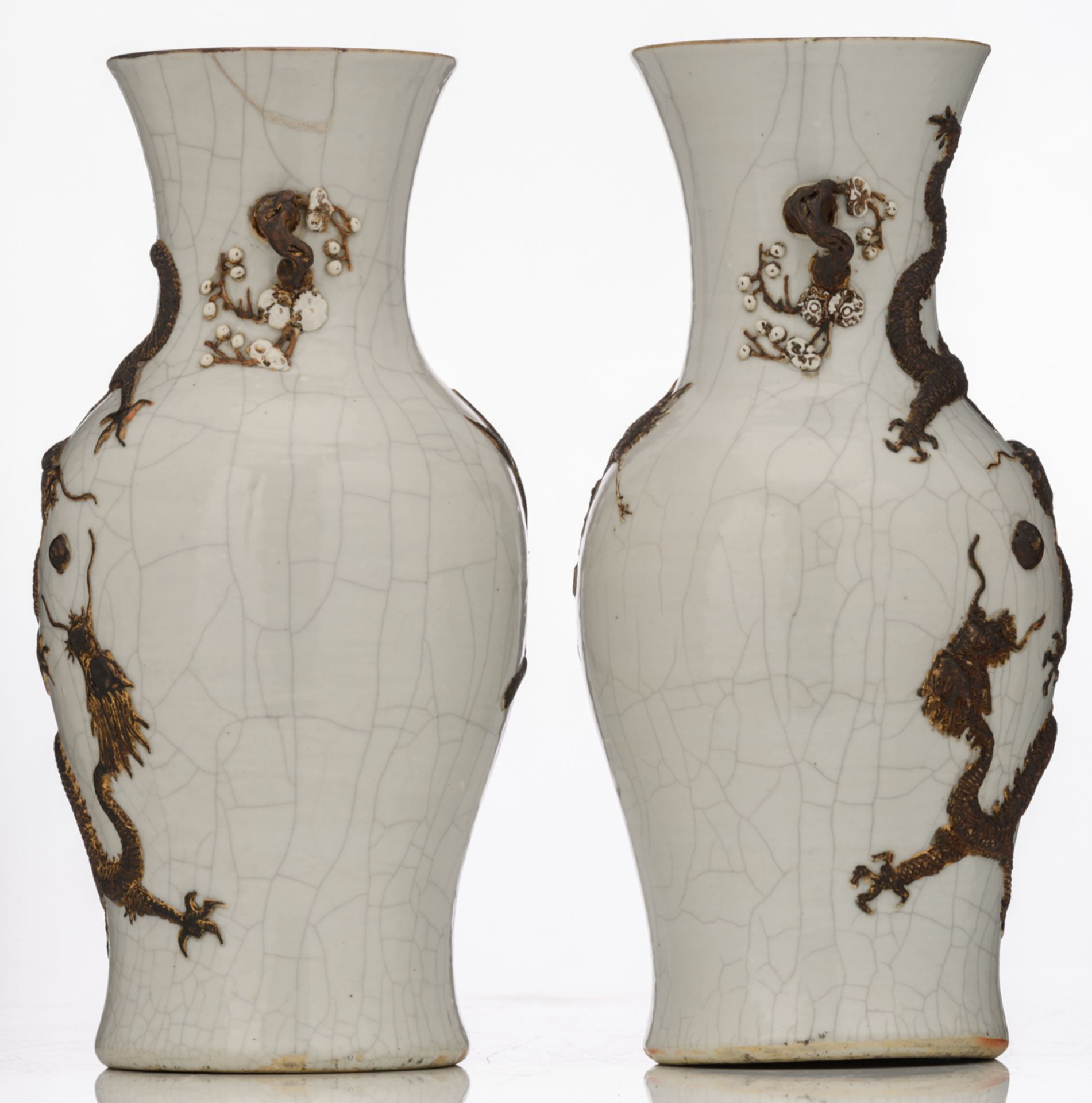 A pair of Chinese relief decorated crackleware vases, with dragons, chasing the flaming pearl, - Image 4 of 8