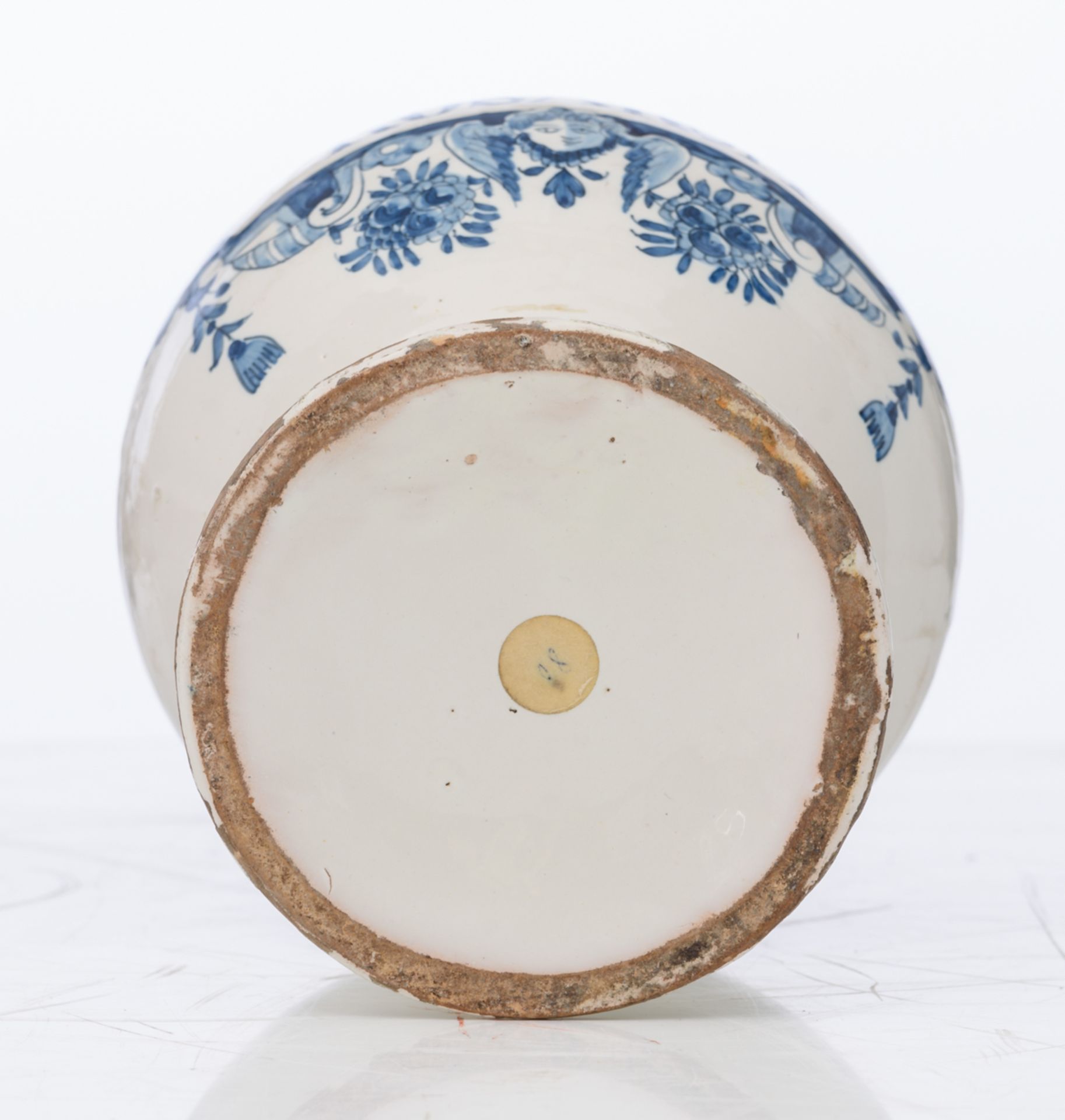 An 18thC Delftware pharmacy jar, blue and white decorated with a cartouche and birds and - Image 7 of 7