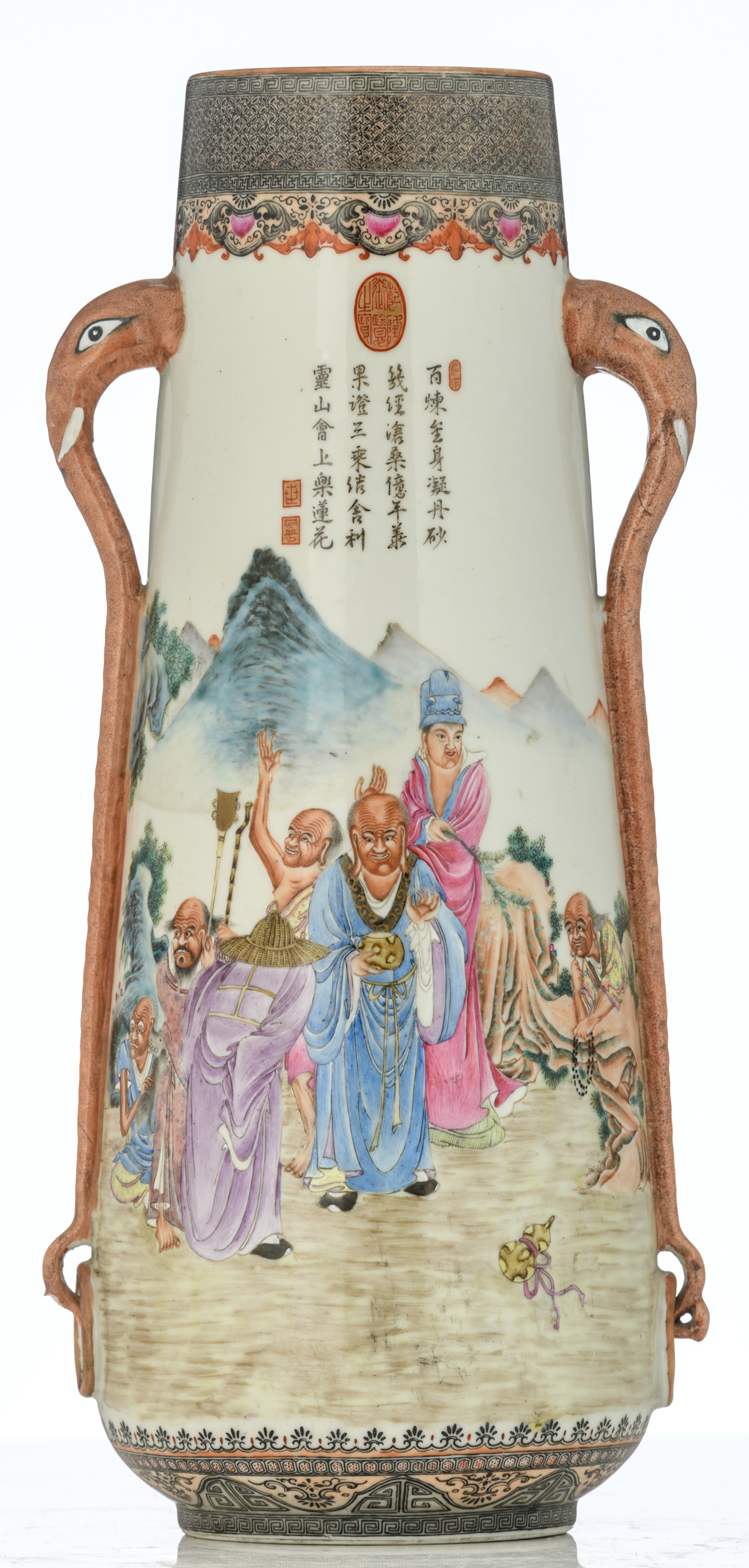 A Chinese Republic period cylindrical vase, decorated with the Eighteen Luohans, observing an animal - Image 3 of 7