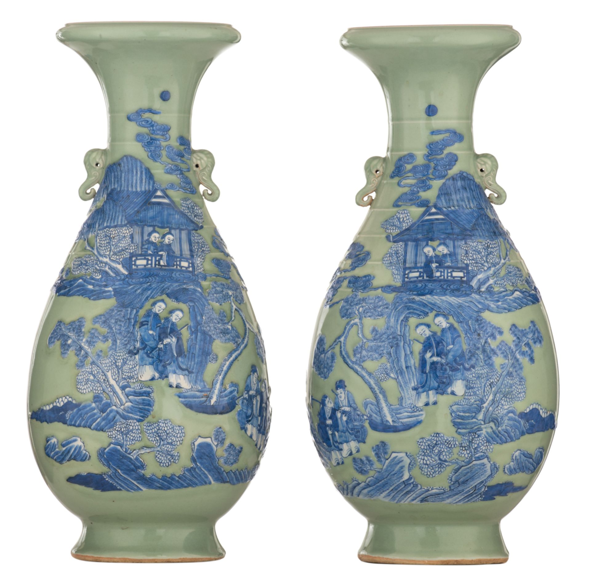 A pair of celadon ground begonia shaped vases, blue and white decorated with a scene from 'The