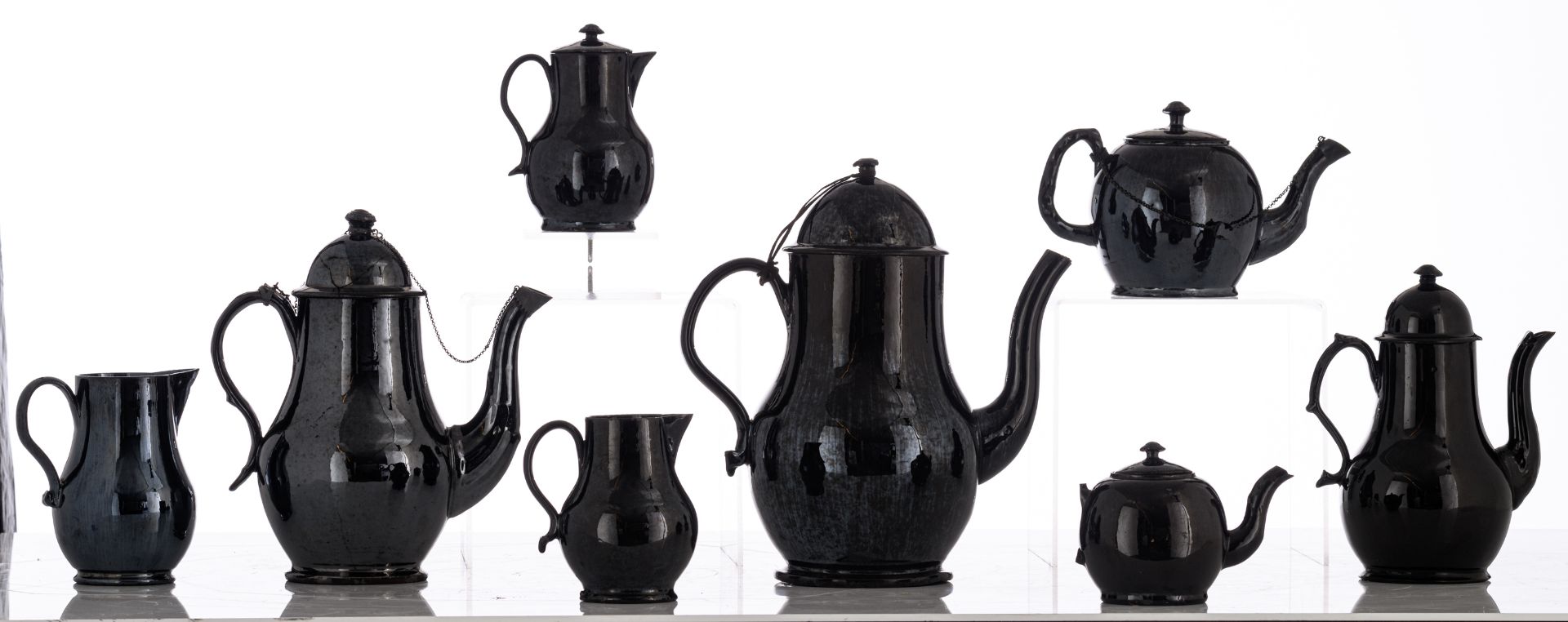 A collection of eight black glazed Namurois earthenware items consisting of: three coffee pots, - Image 2 of 5