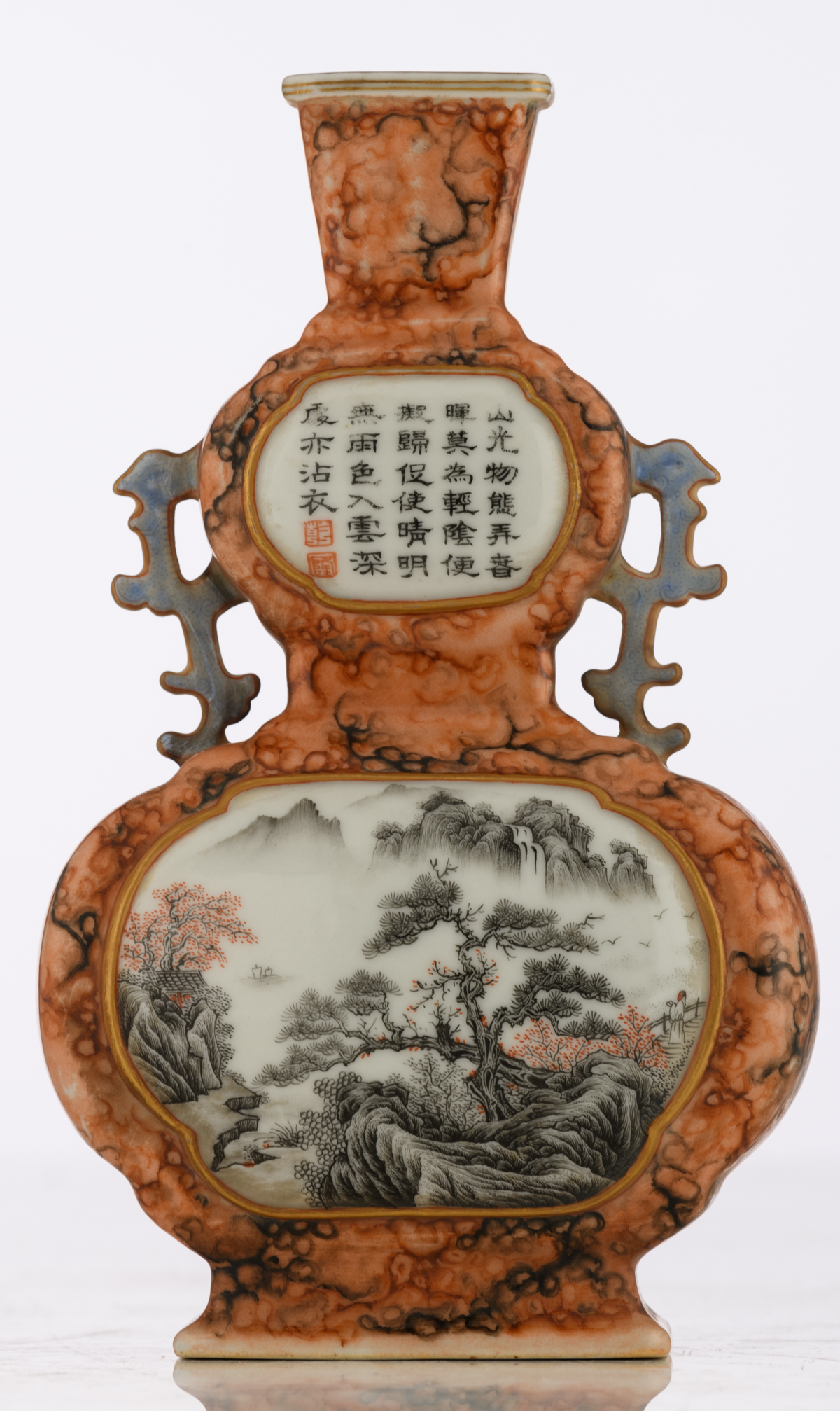 A Chinese Republic period orange-glazed quadrangular double-gourd vase, the roundels decorated - Image 3 of 7