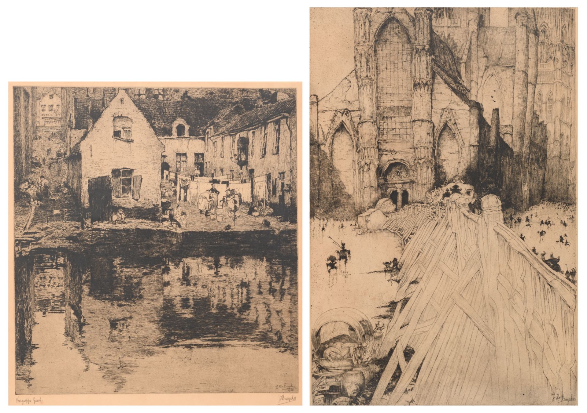 De Bruycker J., 'Veergreppe, Gent', dated 1906, etching, 35 x 38,4 cm; added: by the same artist,