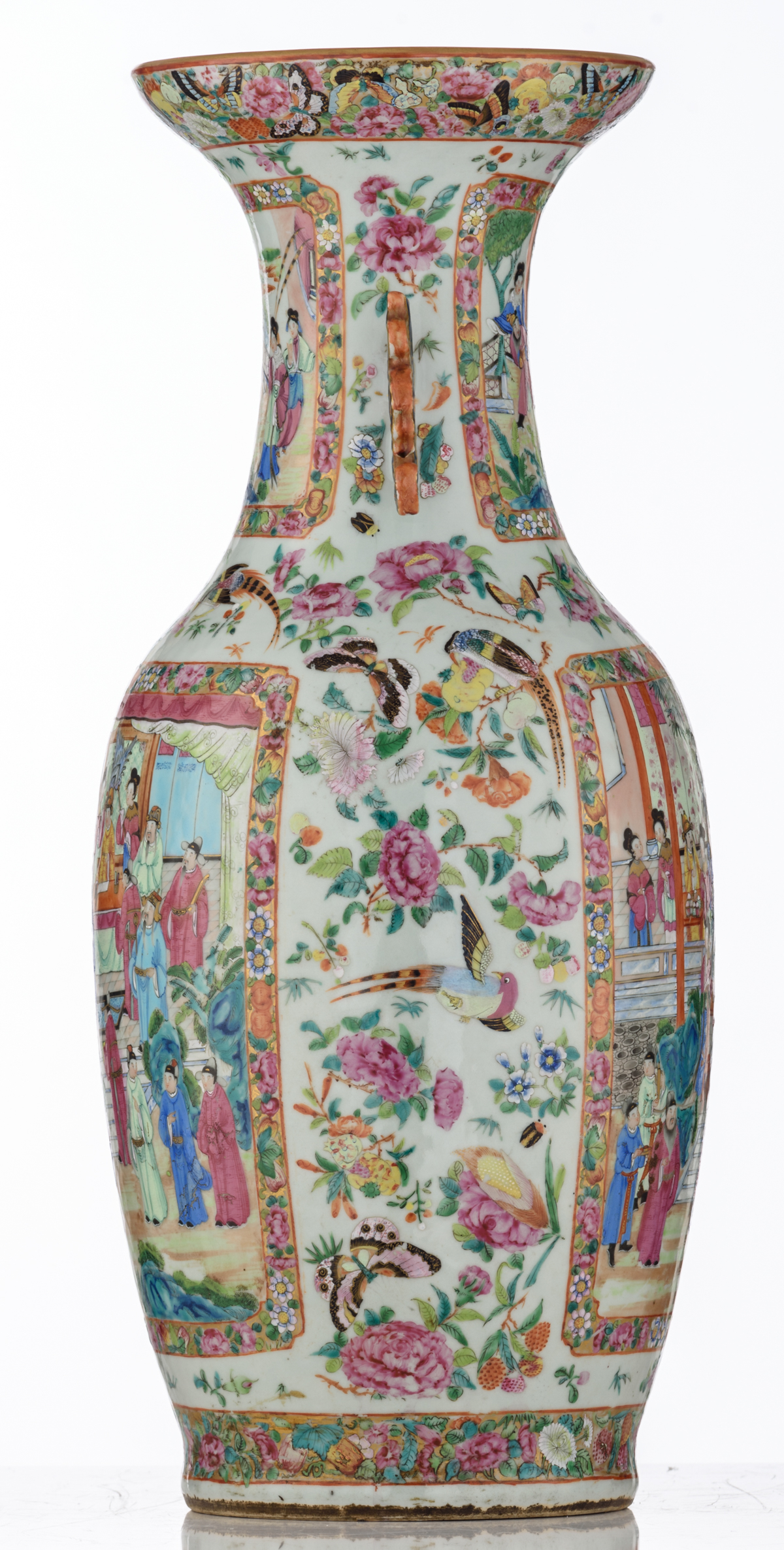 A Chinese Canton famille rose vase with fruits, flowers and butterflies, the roundels decorated with - Image 2 of 6