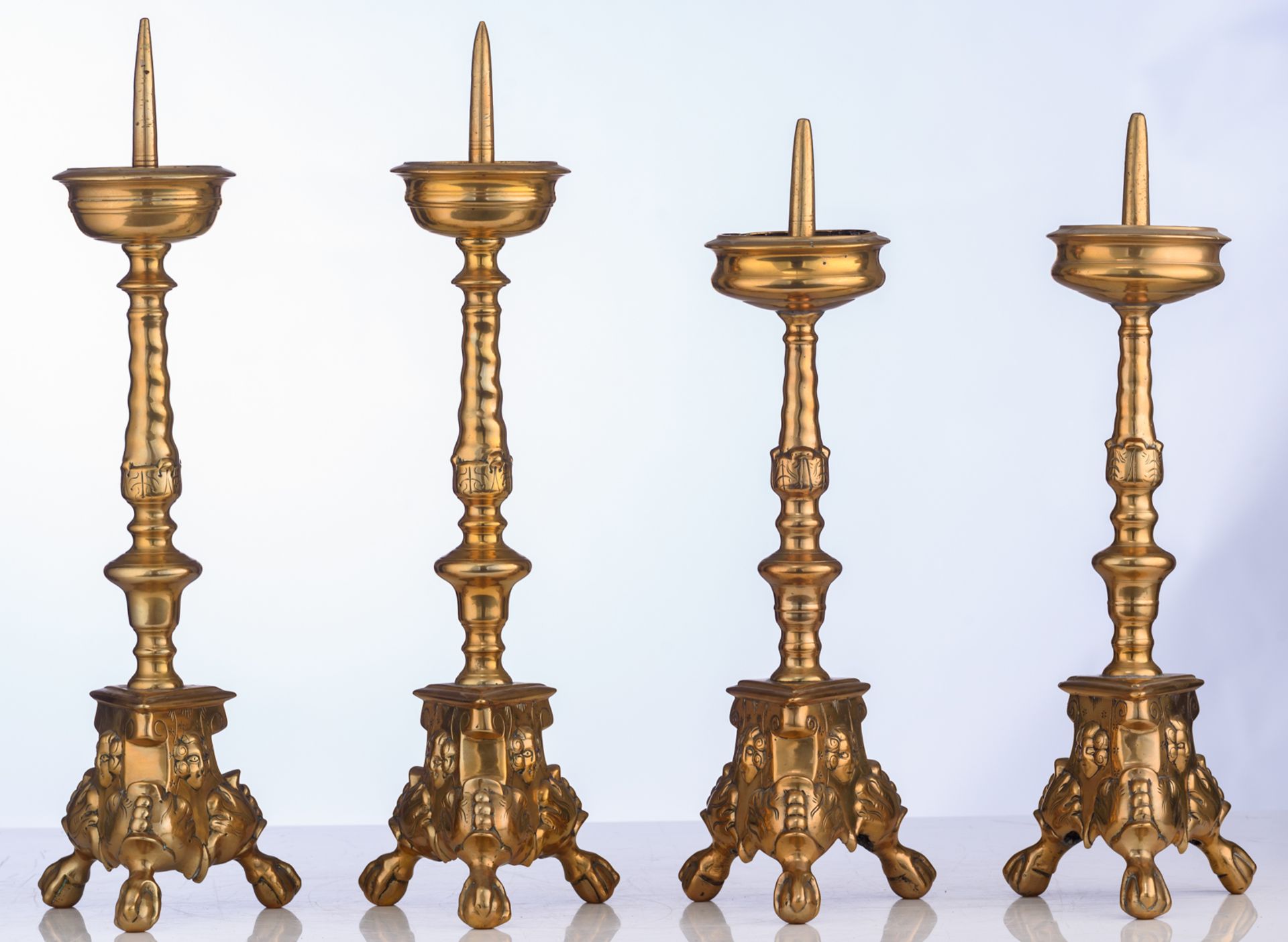 Two pair of Baroque bronze church candlesticks, 17thC, H 38,5 - 43 cm - Image 4 of 7