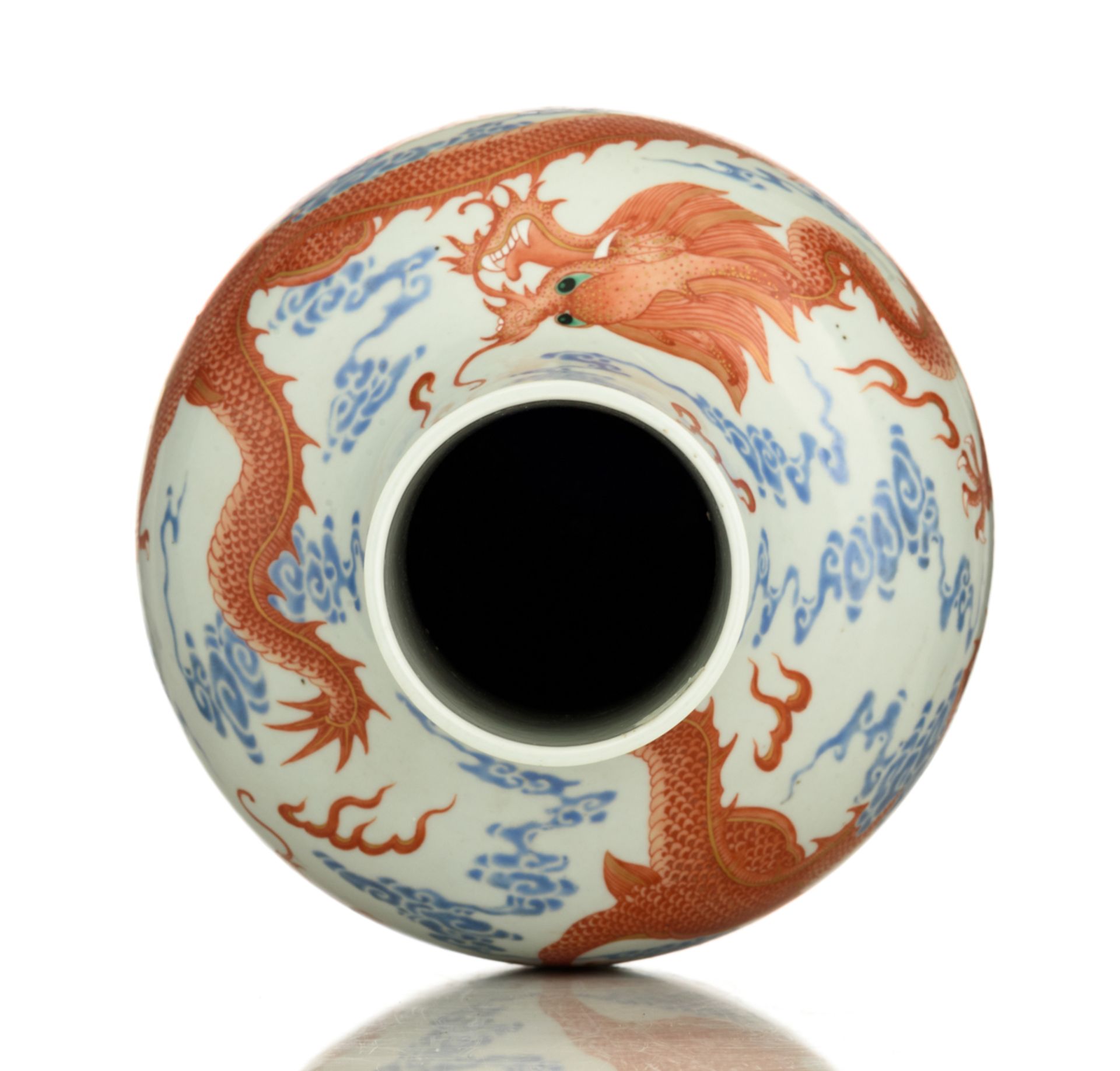 A Chinese polychrome decorated porcelain bottle vase, with the five-clawed dragons in iron red, - Image 5 of 6