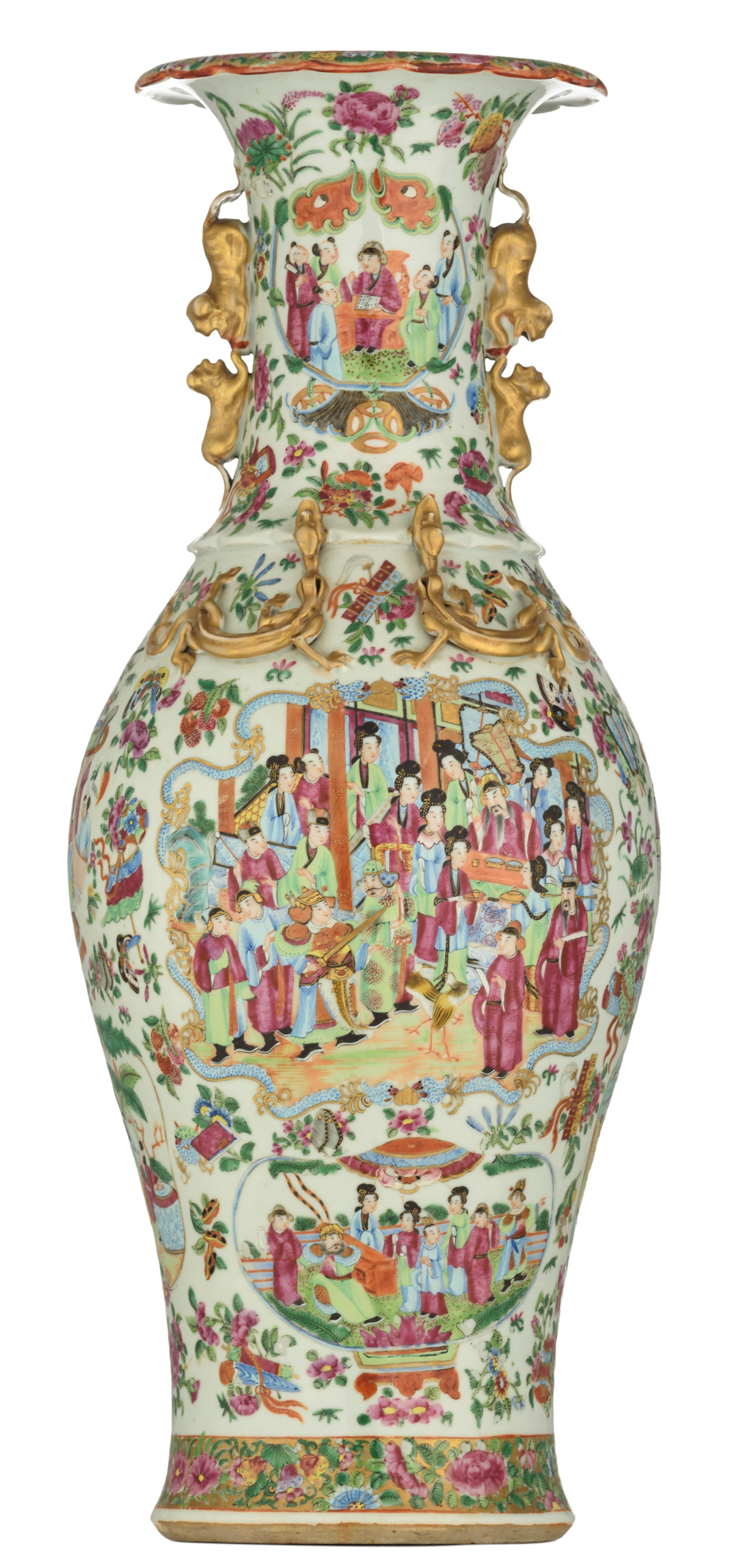 A Chinese Canton famille rose vase, decorated with various fruits, Buddhist symbols, flowers and