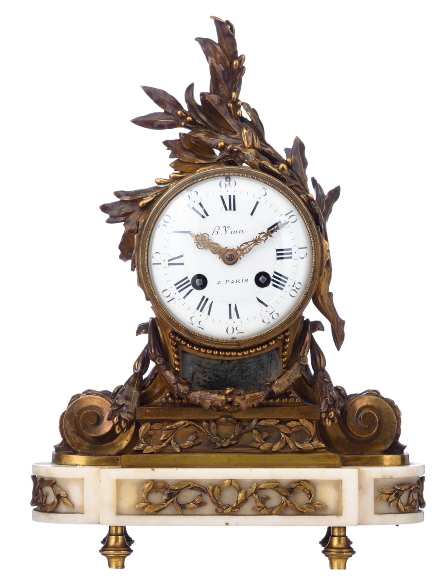 A French Napoleon III-period mantle clock, white Carrara marble and decorated with patinated