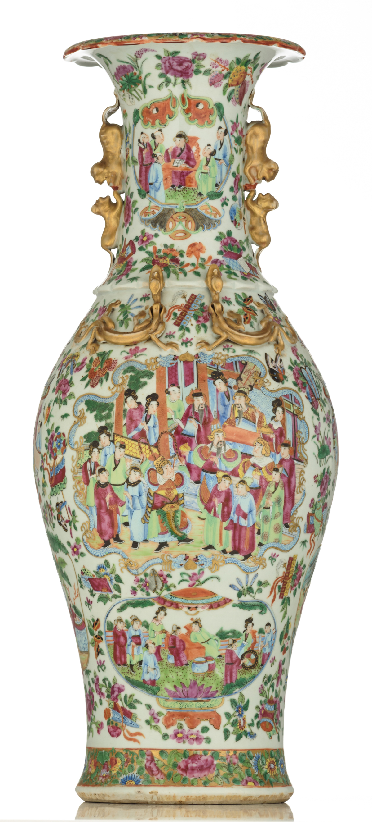 A Chinese Canton famille rose vase, decorated with various fruits, Buddhist symbols, flowers and - Image 3 of 6