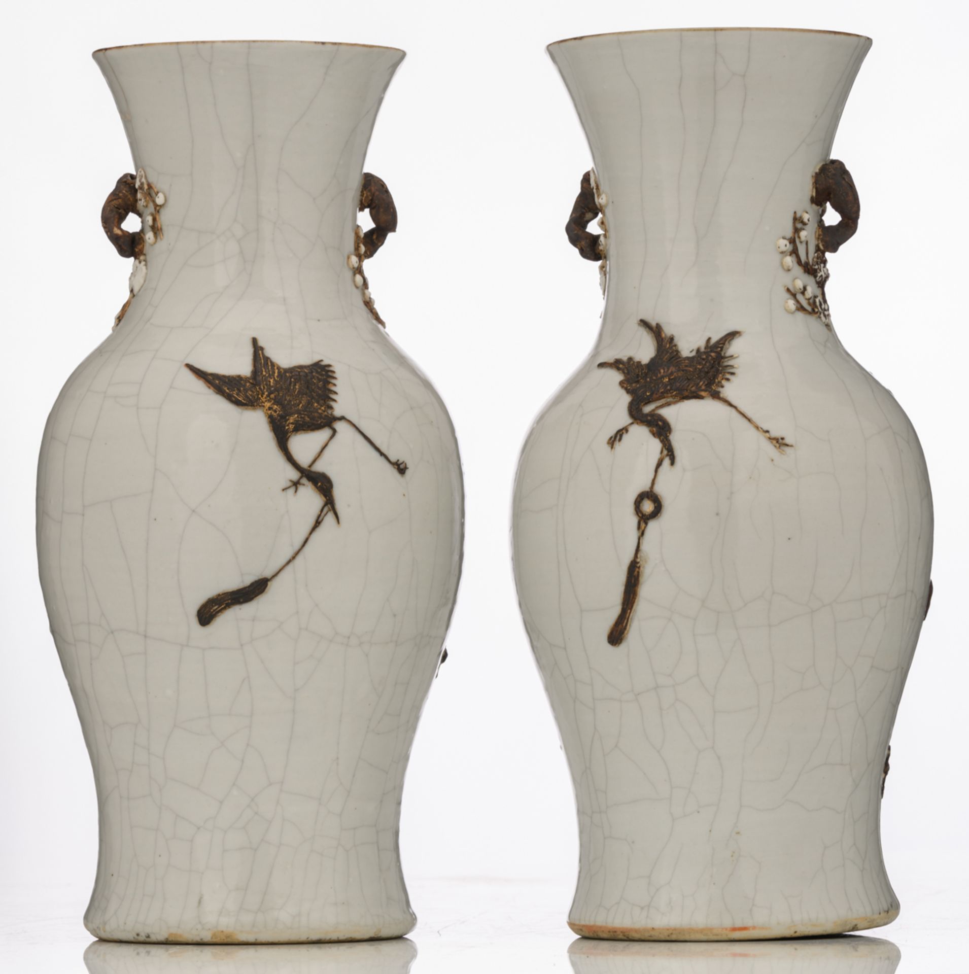 A pair of Chinese relief decorated crackleware vases, with dragons, chasing the flaming pearl, - Image 3 of 8