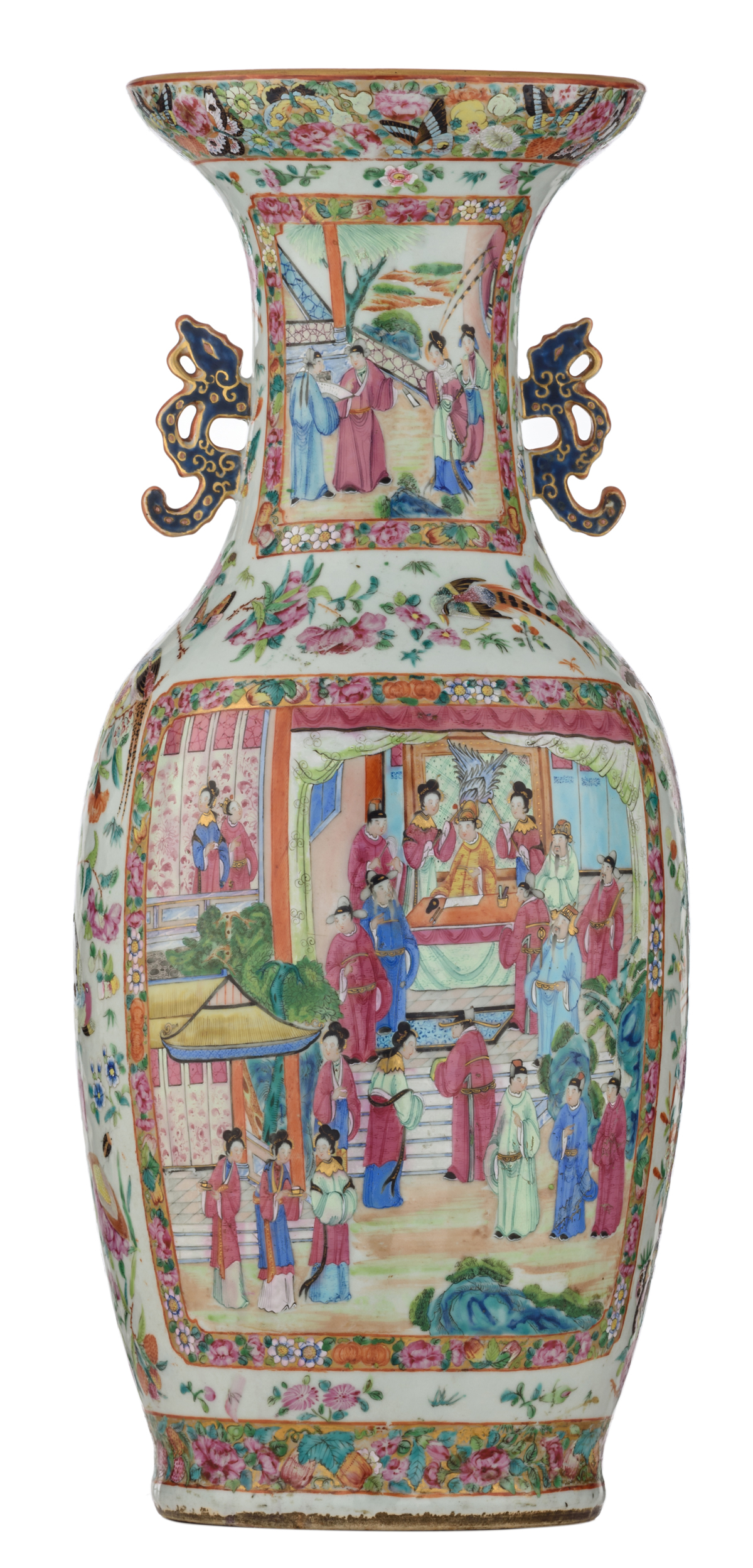 A Chinese Canton famille rose vase with fruits, flowers and butterflies, the roundels decorated with