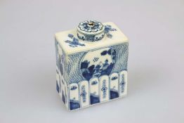 Tee- oder Tabakdose, Porzellan, China, Blau/ Weiß- Malerei, hochrechteckiger Korpus, im unteren