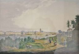 Deutscher Meister, colorierter Stich, 19. Jh., Ansicht von Frankfurt vom Sachsenhäuser-Ufer aus
