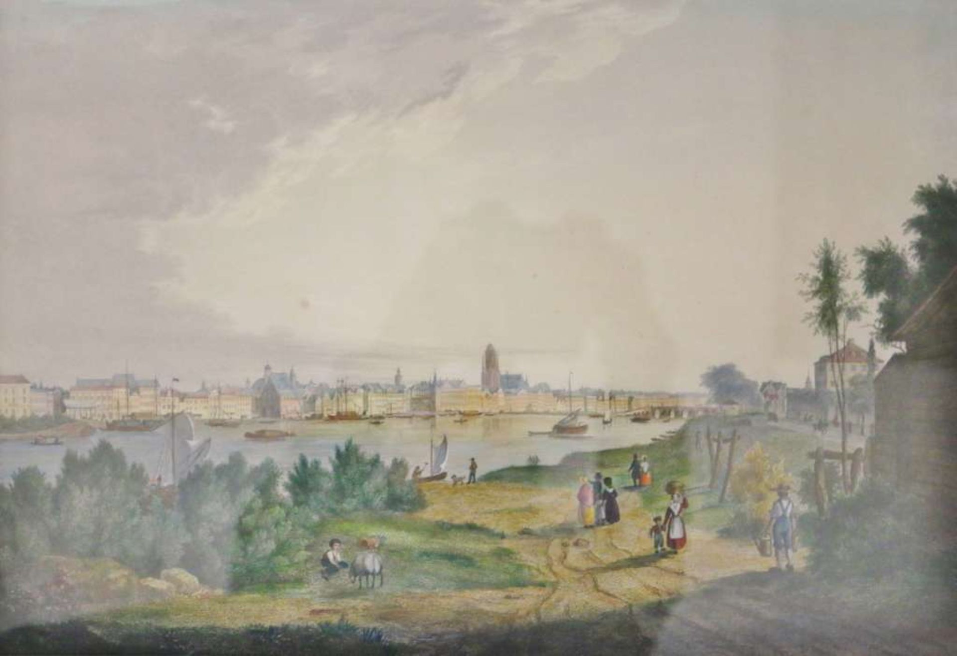 Deutscher Meister, colorierter Stich, 19. Jh., Ansicht von Frankfurt vom Sachsenhäuser-Ufer aus