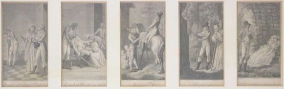 Johann Carl DORNHEIM (1760 - nach 1810), fünf Blatt Moralgrafik, Maße: je 13 x 7 cm. Hinter Glas